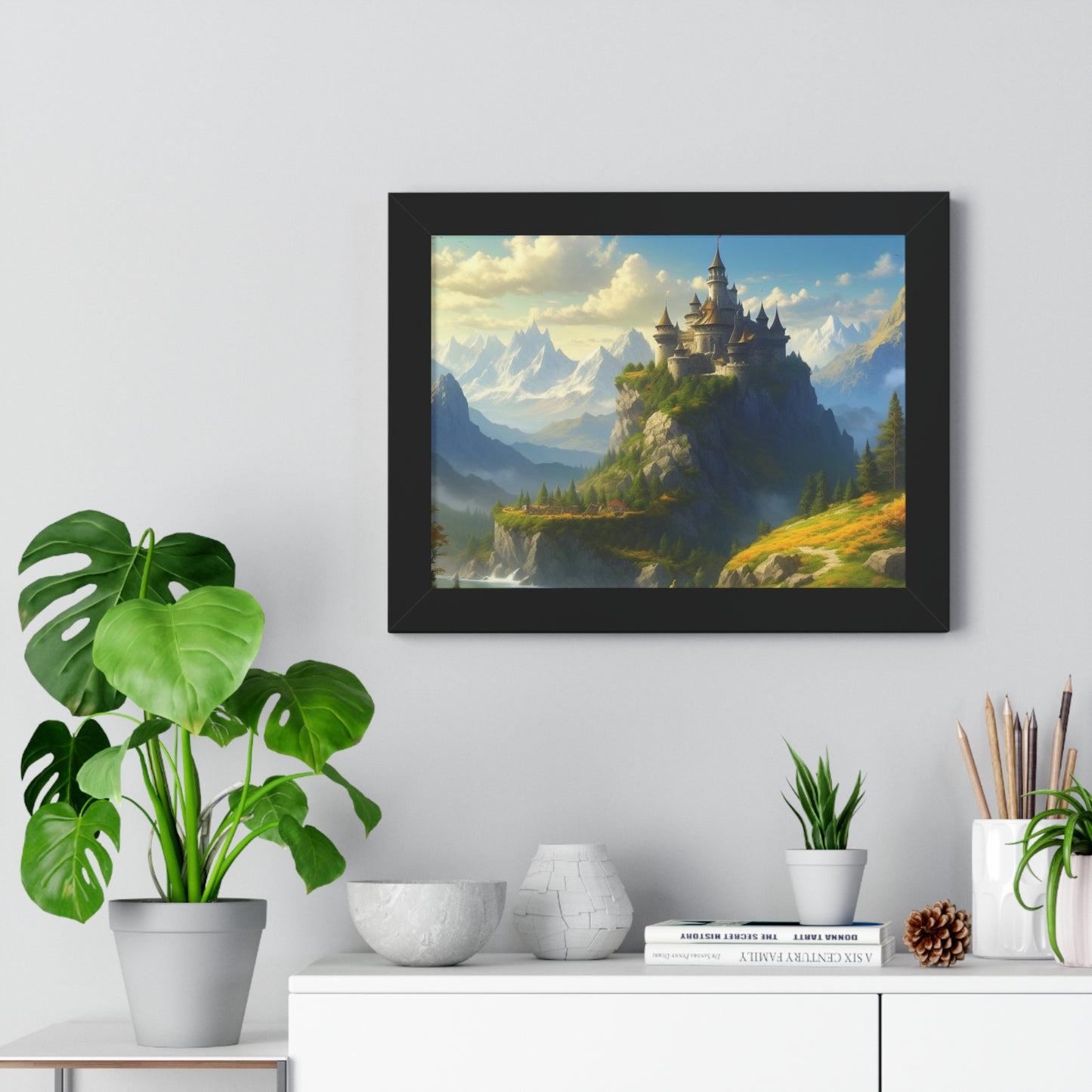 Video Game Fantasy Castle, RPG Valley Framed Poster, Mountain Nature Scene Picture, Open World Style Wall Hanging, Gamer Office Scenery