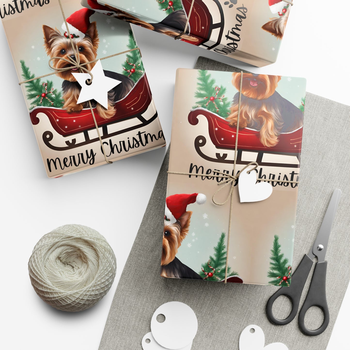 Dog Christmas Wrapping Paper, Yorkshire Terrier Sled Xmas Wrap, Santa Hat Yorkie Gift Wrap, Holiday Gift Wrap Roll
