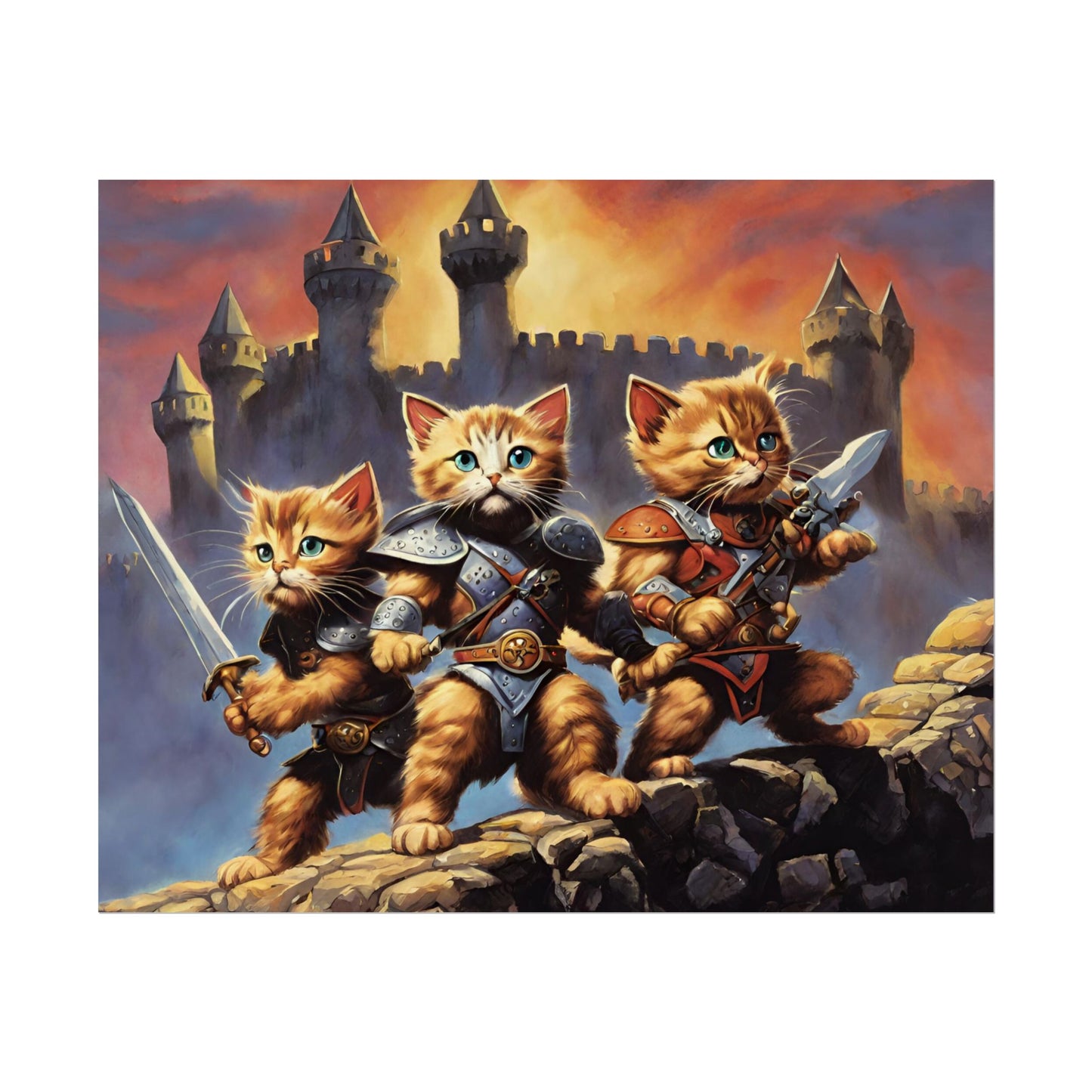 Cat Battler Warrior Poster, Office Bedroom Man Cave Portrait, Sword Wielding Cat Universe, Kitten Fighters Fantasy Wall Hanging