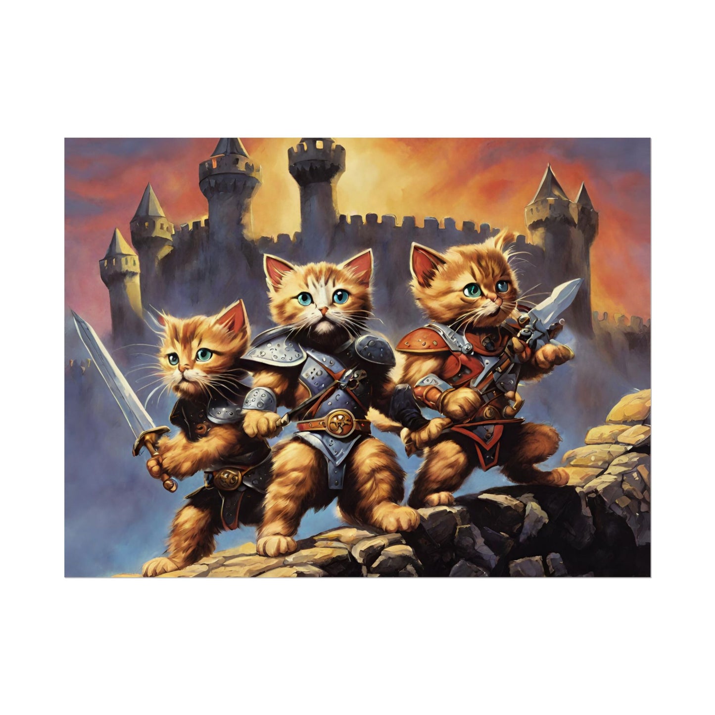 Cat Battler Warrior Poster, Office Bedroom Man Cave Portrait, Sword Wielding Cat Universe, Kitten Fighters Fantasy Wall Hanging