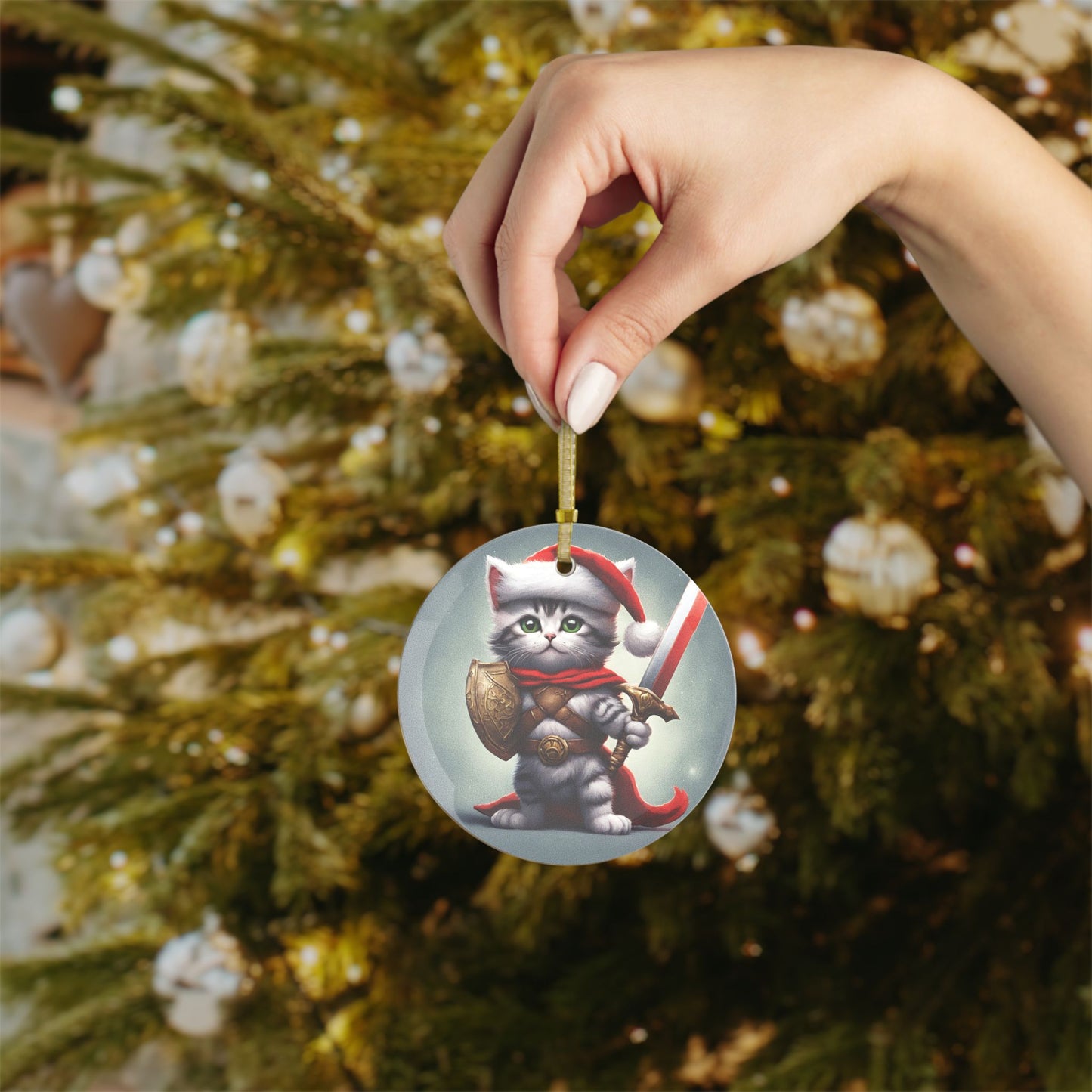 Kitten Christmas Ornament, Holiday Tree Decoration, Adorable Cat Gift, Round Glass Keepsake, KITTEN WARRIOR