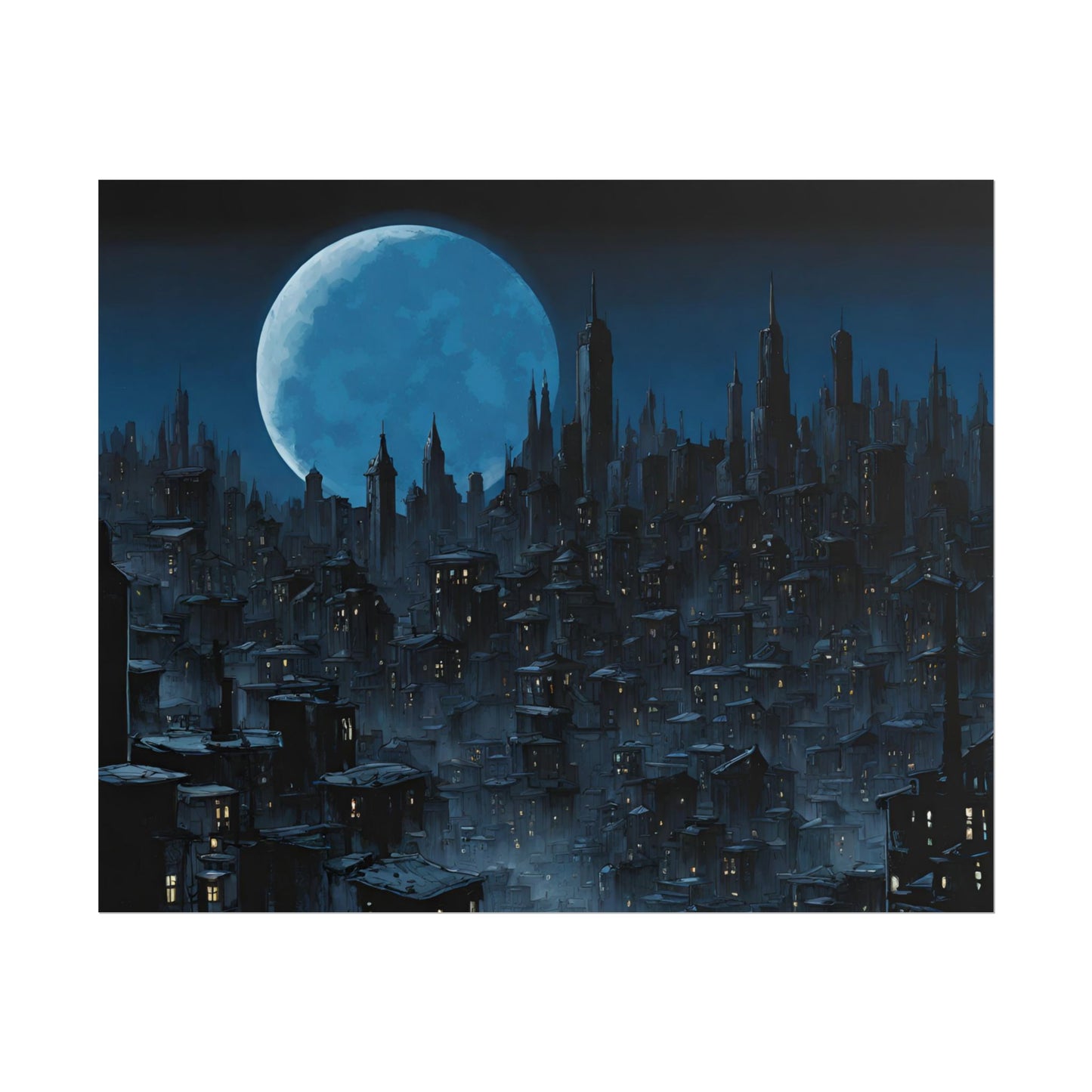 Wall Decor | Dark City Of The Night Poster | Blue Moon Darkness Falls Art | Gothic Lunar Moonlight Skyline | Living Room or Office Decor
