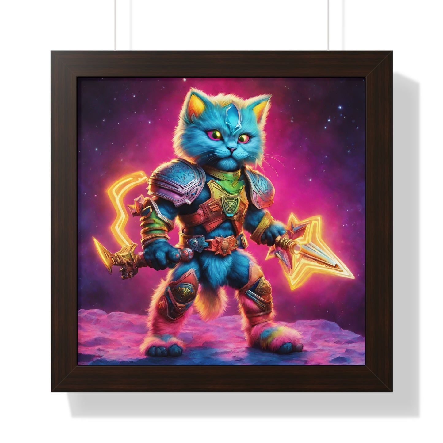 Wall Decor | Warrior Cat Framed Poster | Cosmic Rainbow Neon Weapon Armor Kitten | Bedroom, Work or Home Office Wall Art Picture | Kid Gift