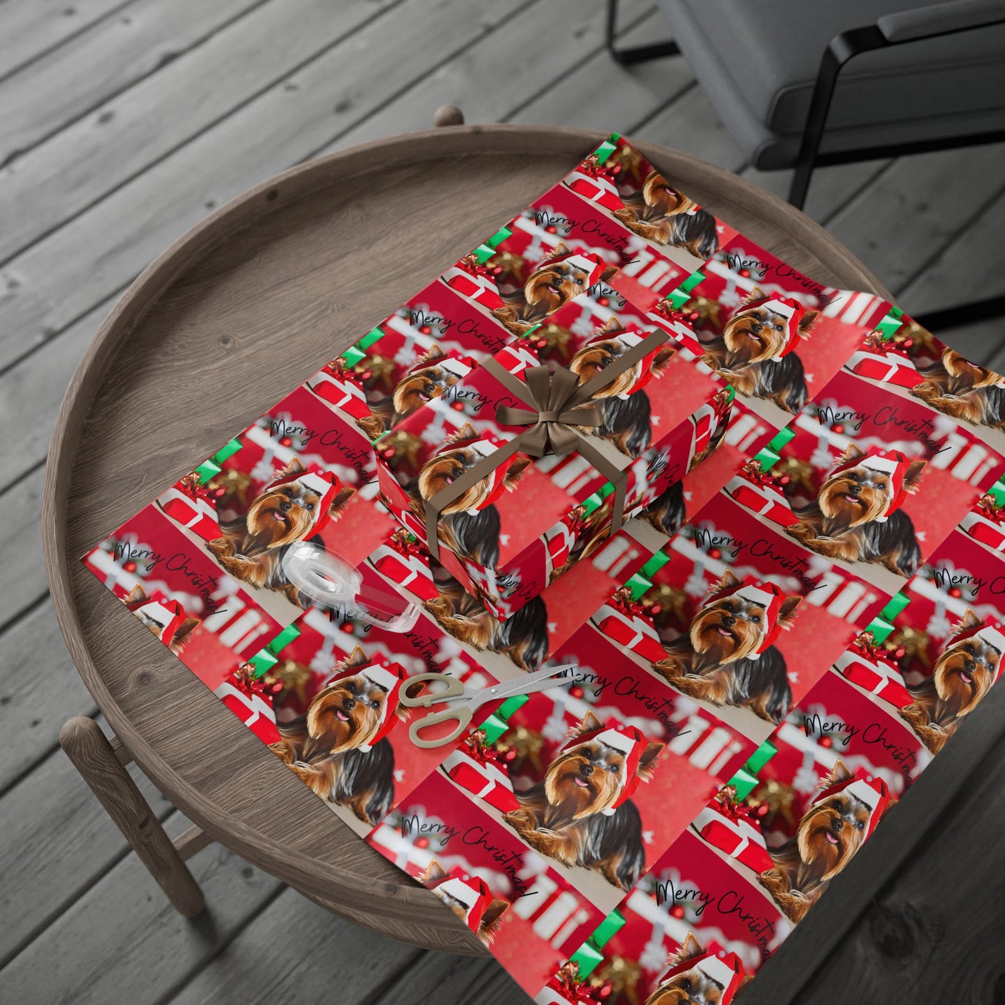 Dog Christmas Wrapping Paper Yorkshire Terrier, Santa Hat Yorkie Gift Wrap, Holiday Gift Wrap Roll