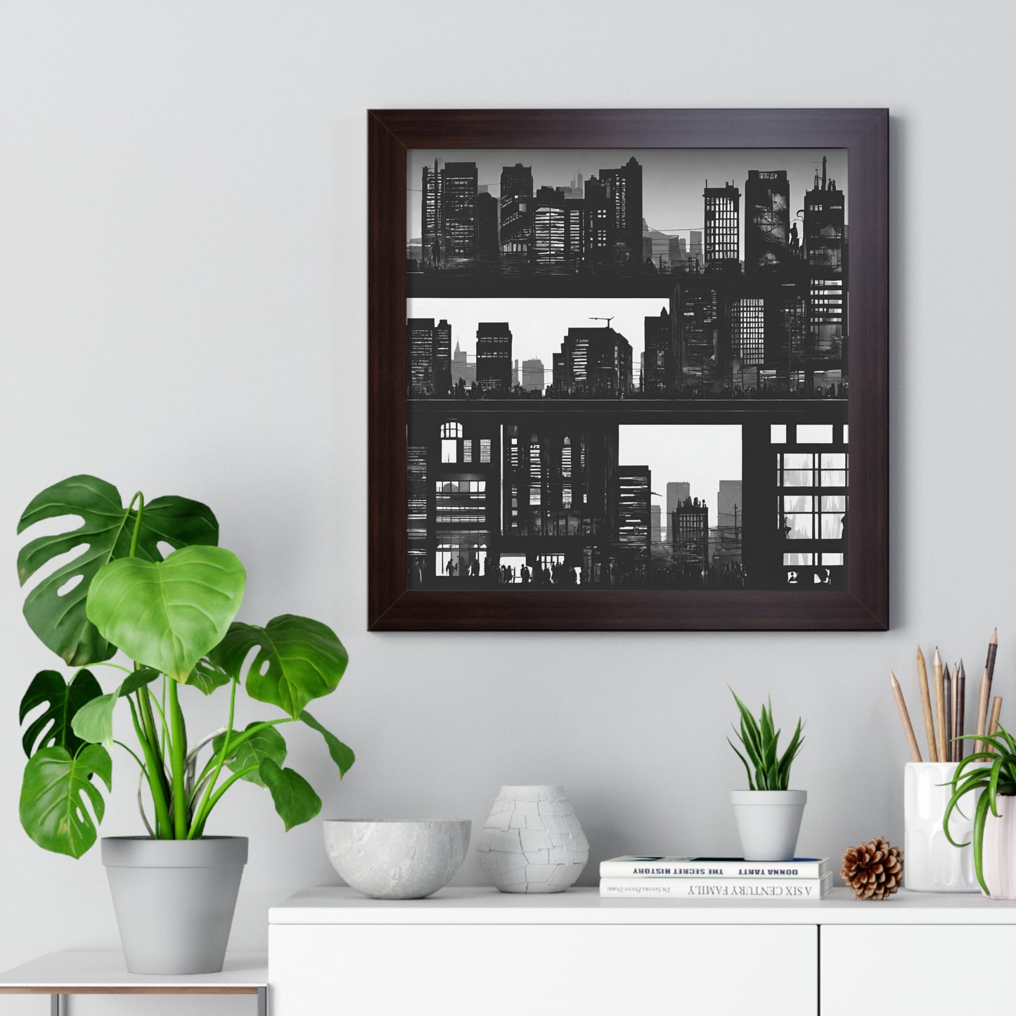 Wall Decor | City Street Panels Framed Poster | Skyline Buildings and Street Levels | Bedroom, Work or Home Office Wall Art Picture