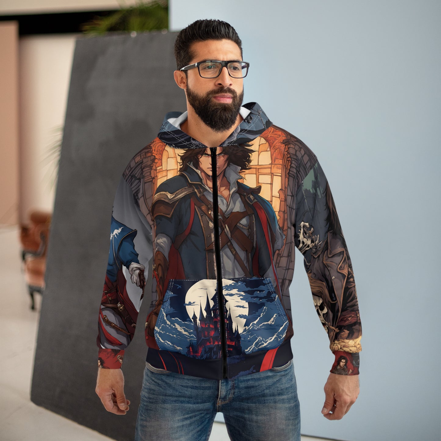 Castlevania Inspired Richter Belmont Dracula Collage Video Game Zip Hoodie, Gamer Gift, Retro Gaming Hooded Sweatshirt, Retro NES Wear