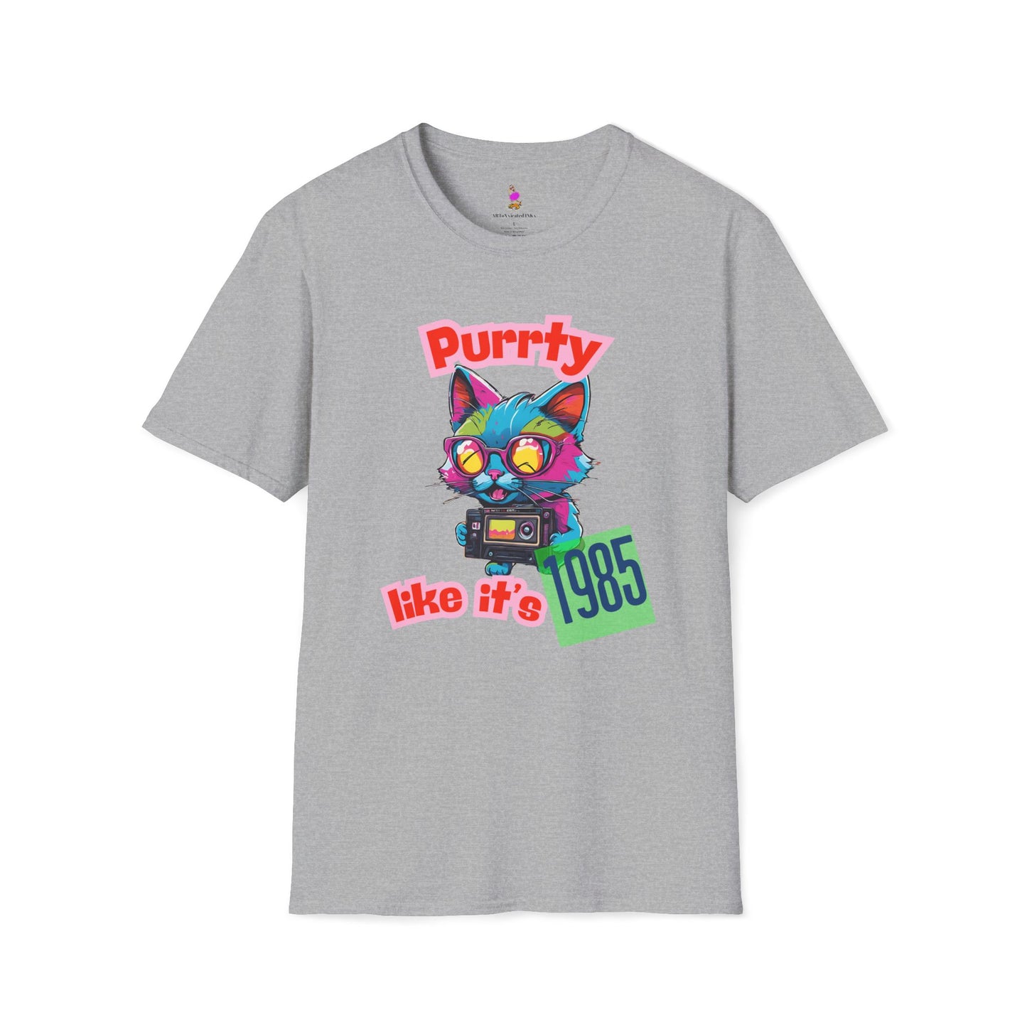 Retro Cat Tshirt, 80s Graphic Tee, Vintage Kitty Shirt, Funny Cat Lover Gift, Purrty 1985 Softstyle Unisex Top