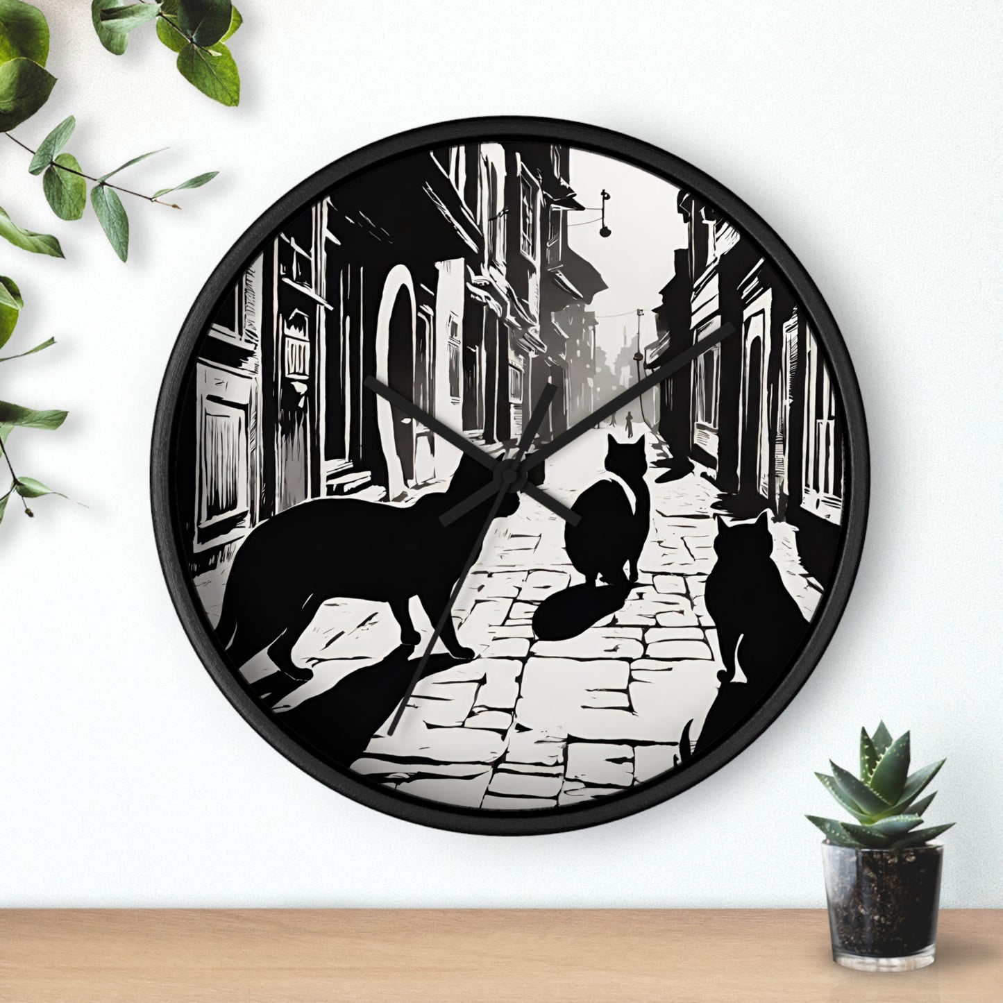 Cat Wall Art Clock | Shadow Feline Figures Town Wall Hanging | Home Office Cat Lovers Gift