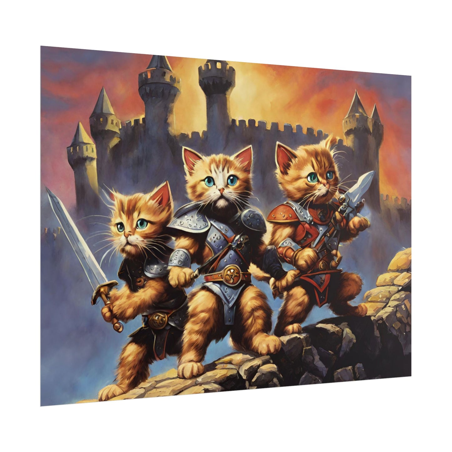 Cat Battler Warrior Poster, Office Bedroom Man Cave Portrait, Sword Wielding Cat Universe, Kitten Fighters Fantasy Wall Hanging