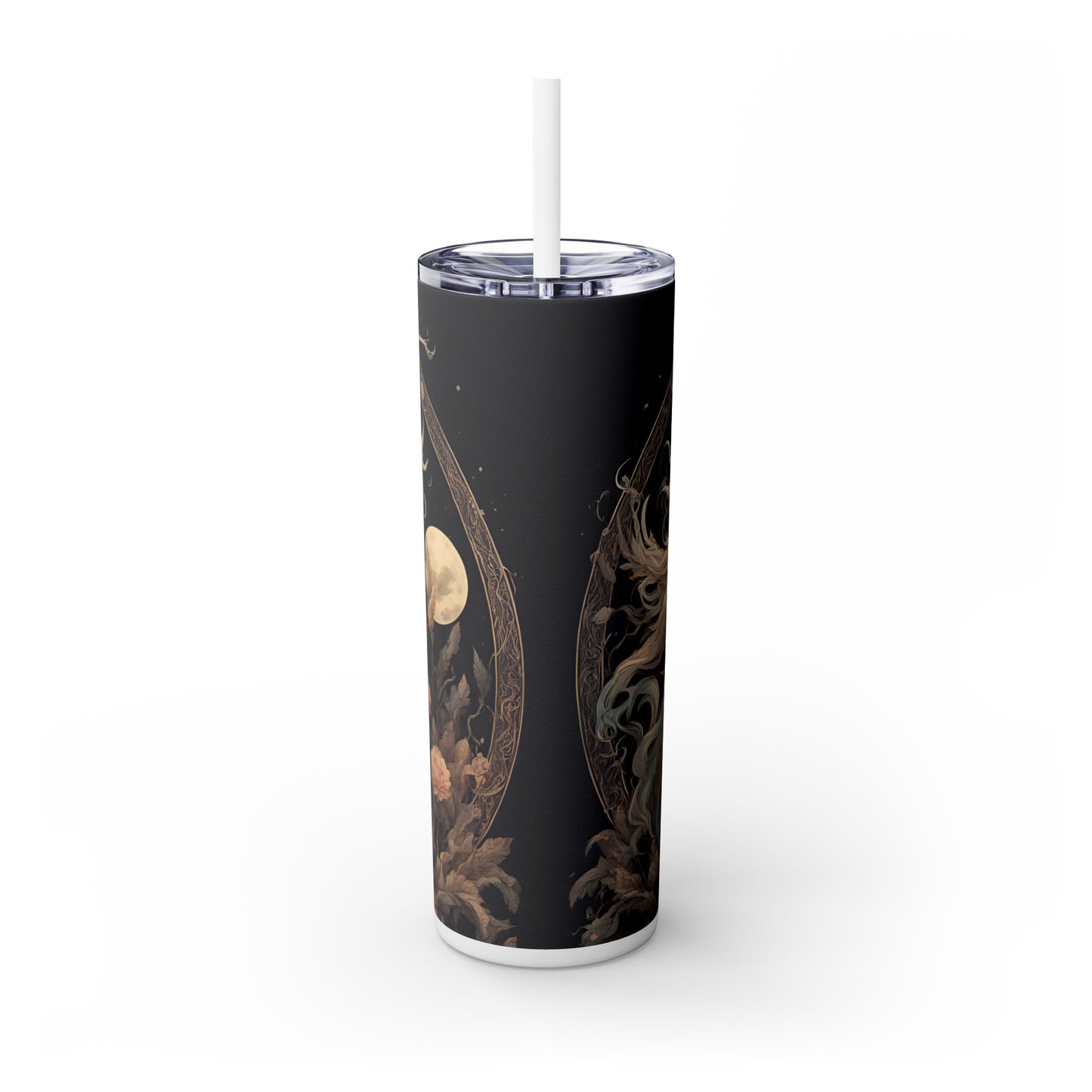 Majestic Myths Skinny Tumbler | Horned Goat Horse Drinking Cup | Floral Flower Night Sky Moon Fantasy Road Trip Exercise Traveler