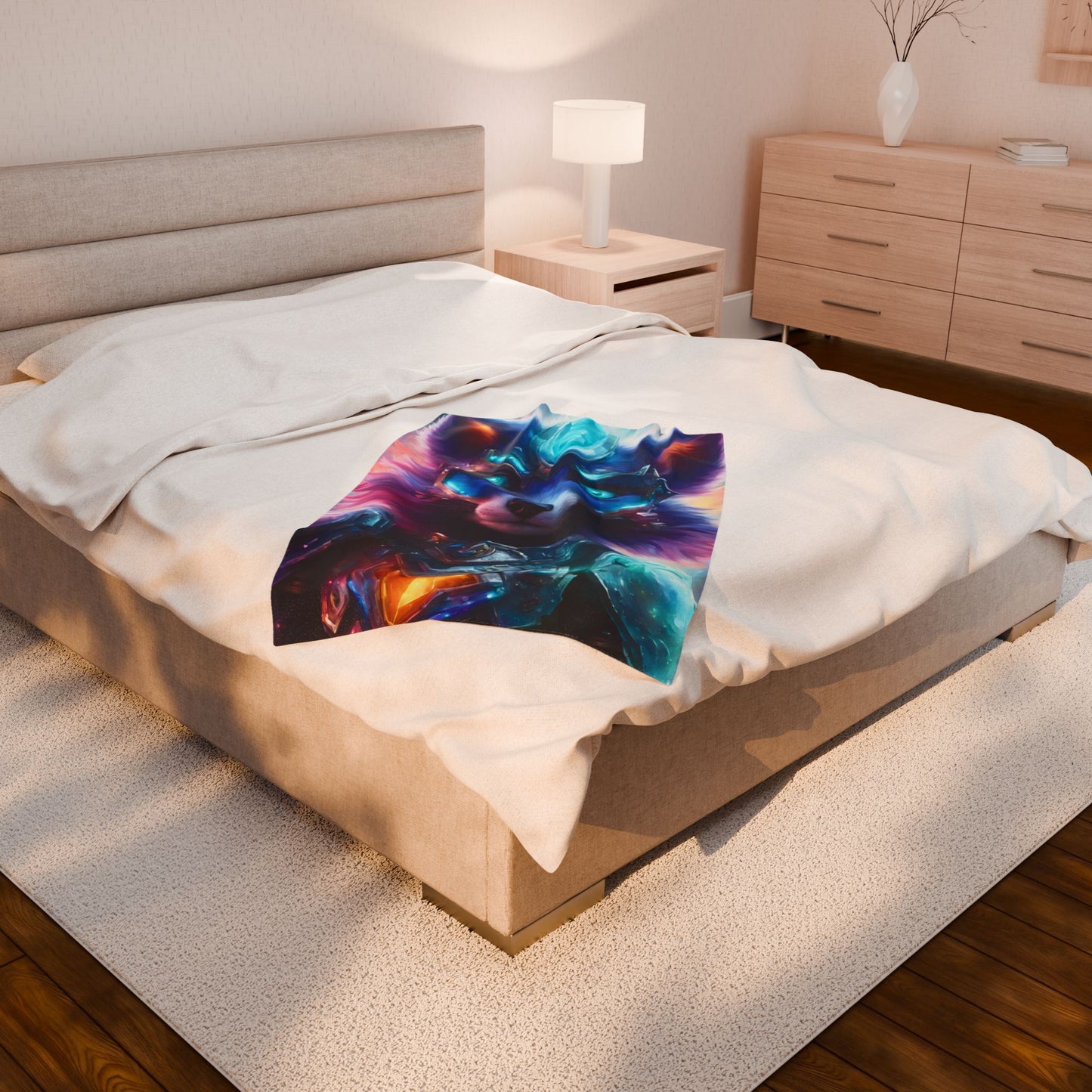 Warrior Fox Blanket, Cybernetic Armored Plush Throw Blanket, Neon Violet Crystal Guardian, Kids Adults Bed Couch Throw Cover