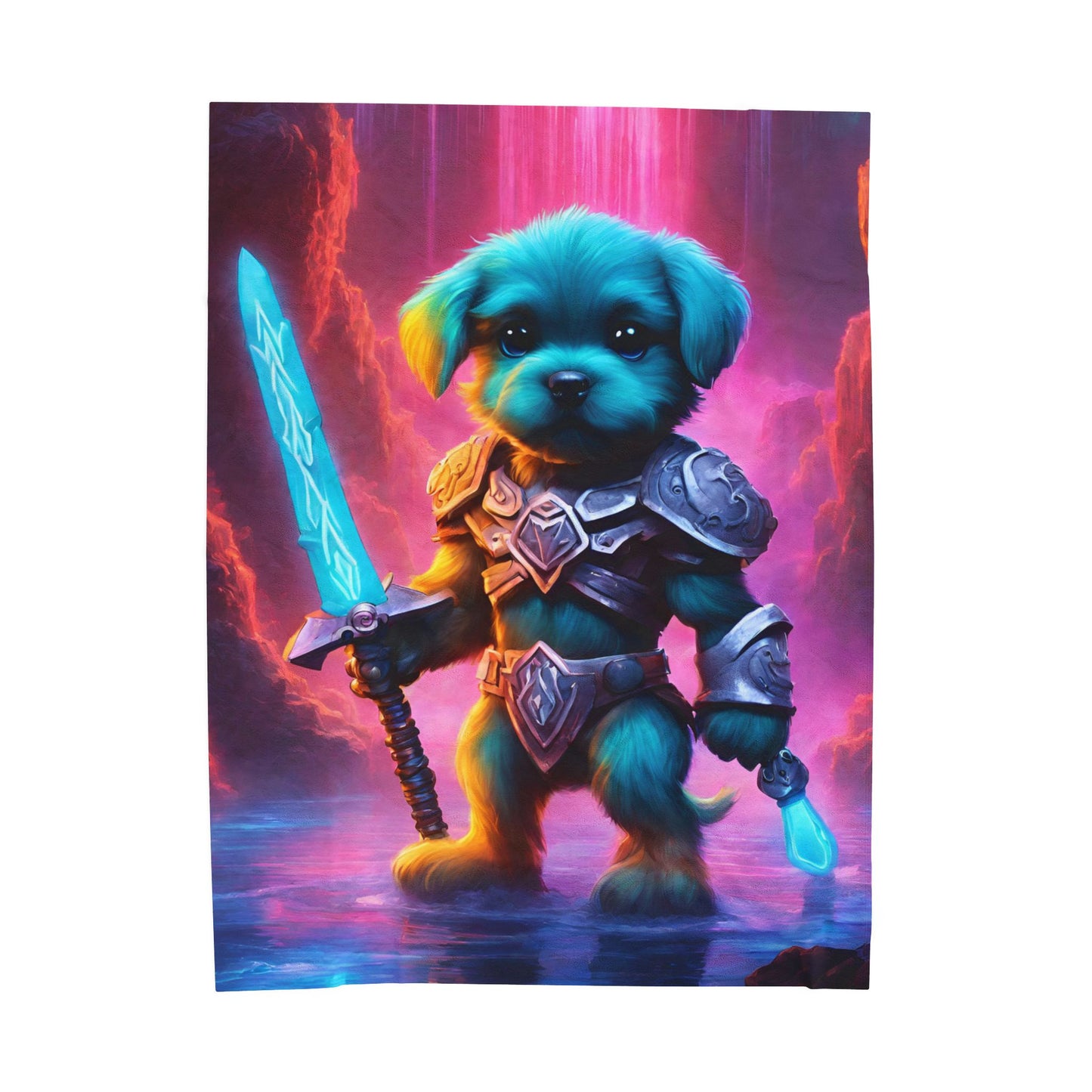 Warrior Puppy Blanket, Waterfall Dog Plush Throw Blanket, Neon Sword Seeker, Armored Pup Bed Cover, Glowing Cave Bedroom Twin Cover