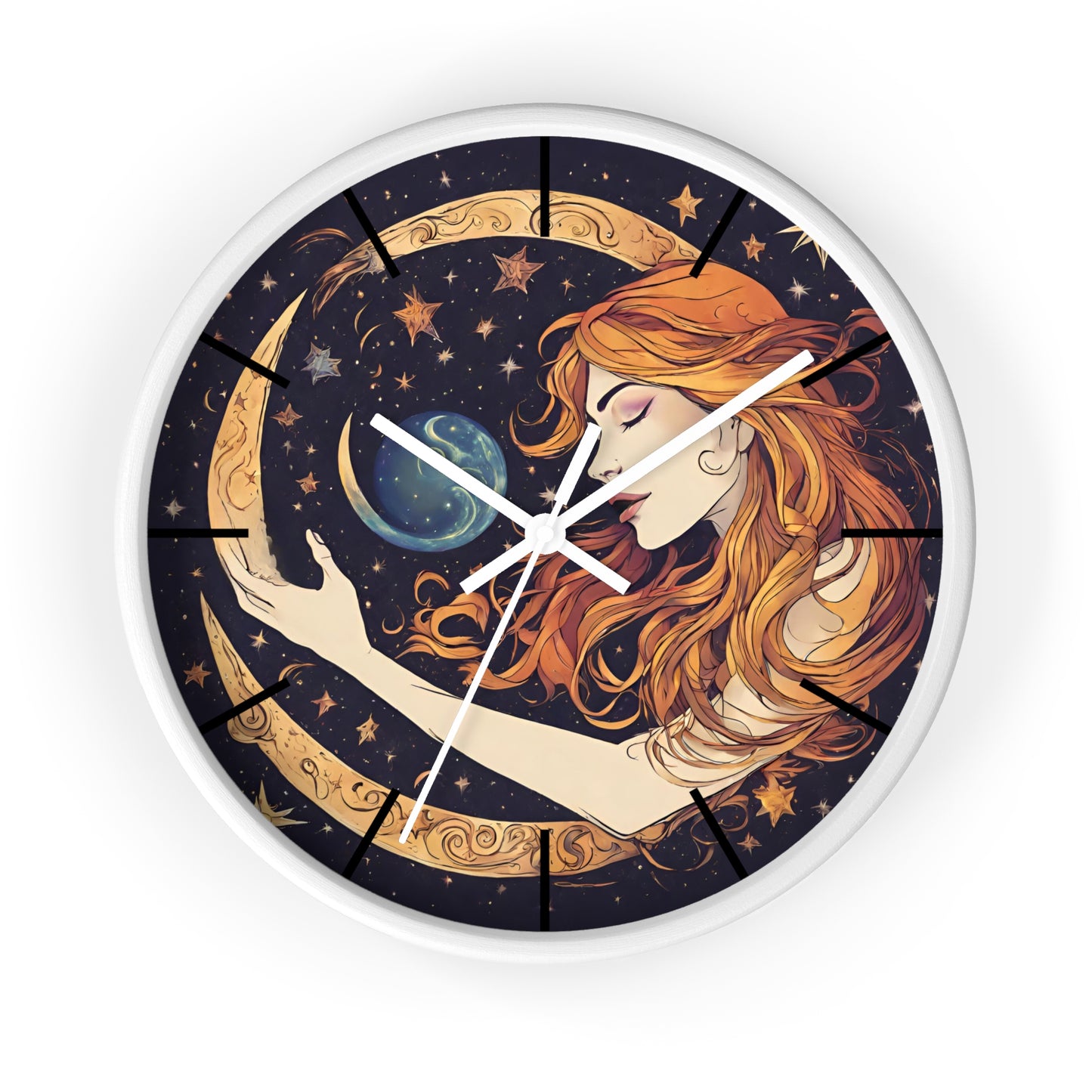 Moon Shaping Goddess Wall Art Clock | Lunar Stars & Space Astronomy Wall Hanging | Woman Morphing Home Office Solar System Wall Decor Gift
