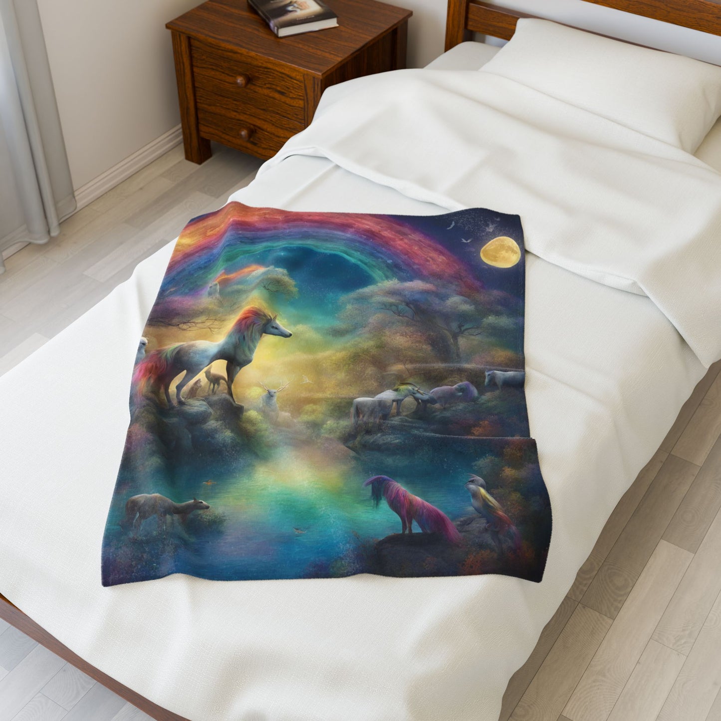 Girls Rainbow Blanket, Mystical Horse Girls Christmas Gift, Moonlight Fantasy Dreams Toddler Childrens Bed Blanket