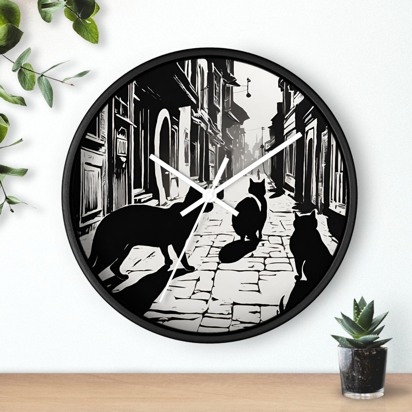 Cat Wall Art Clock | Shadow Feline Figures Town Wall Hanging | Home Office Cat Lovers Gift
