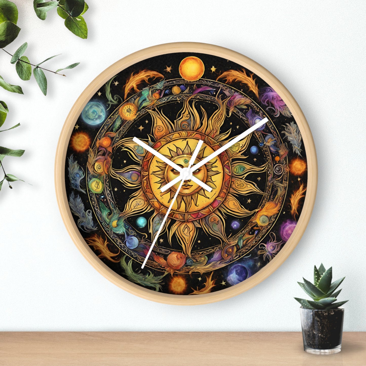 Sun Collage Wall Art Clock | Celestial Solstice Astronomy Wiccan Hanging | Comet Constellations Home Office Solar System Pagan Decor Gift