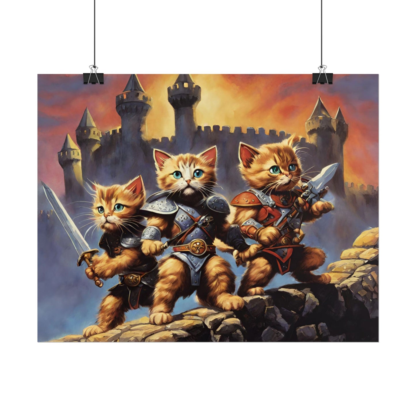 Cat Battler Warrior Poster, Office Bedroom Man Cave Portrait, Sword Wielding Cat Universe, Kitten Fighters Fantasy Wall Hanging