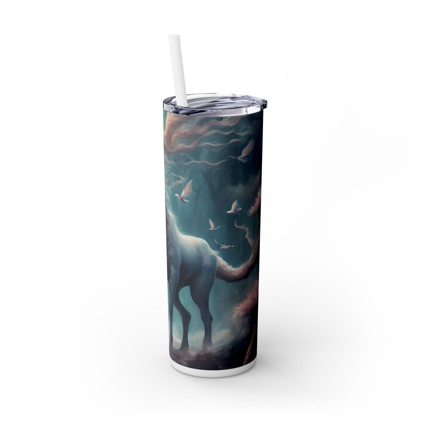 Majestic Myths Skinny Tumbler | Floral Flower Forest Horned Horse Insulated Cup | Mystical Maned Goat Fantasy Drink Travel Exercise Gift