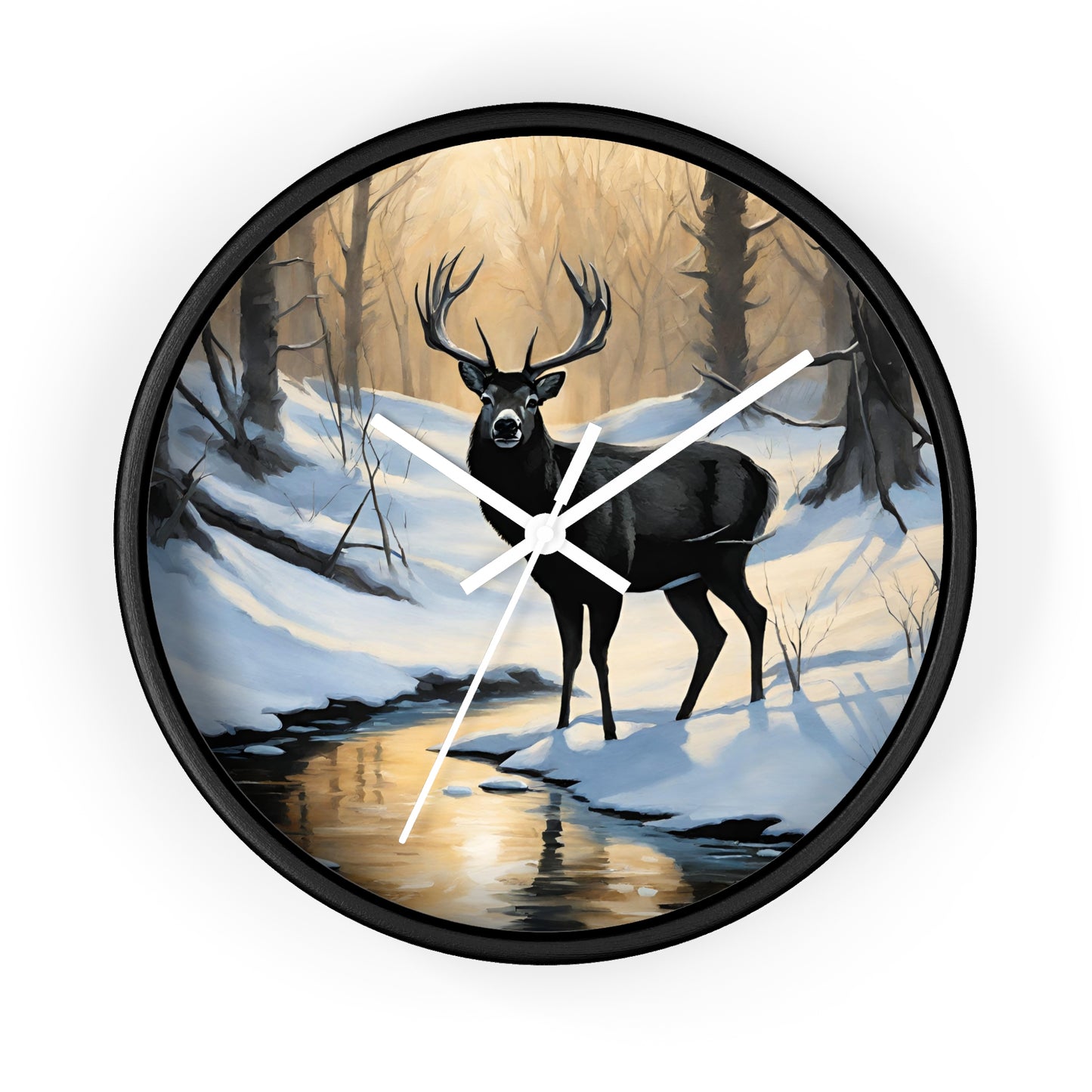 Big Buck Deer Wall Art Clock | Winter Nature Scene Snowy Creek Wall Hanging | Home Office Deer Hunter Lovers Gift