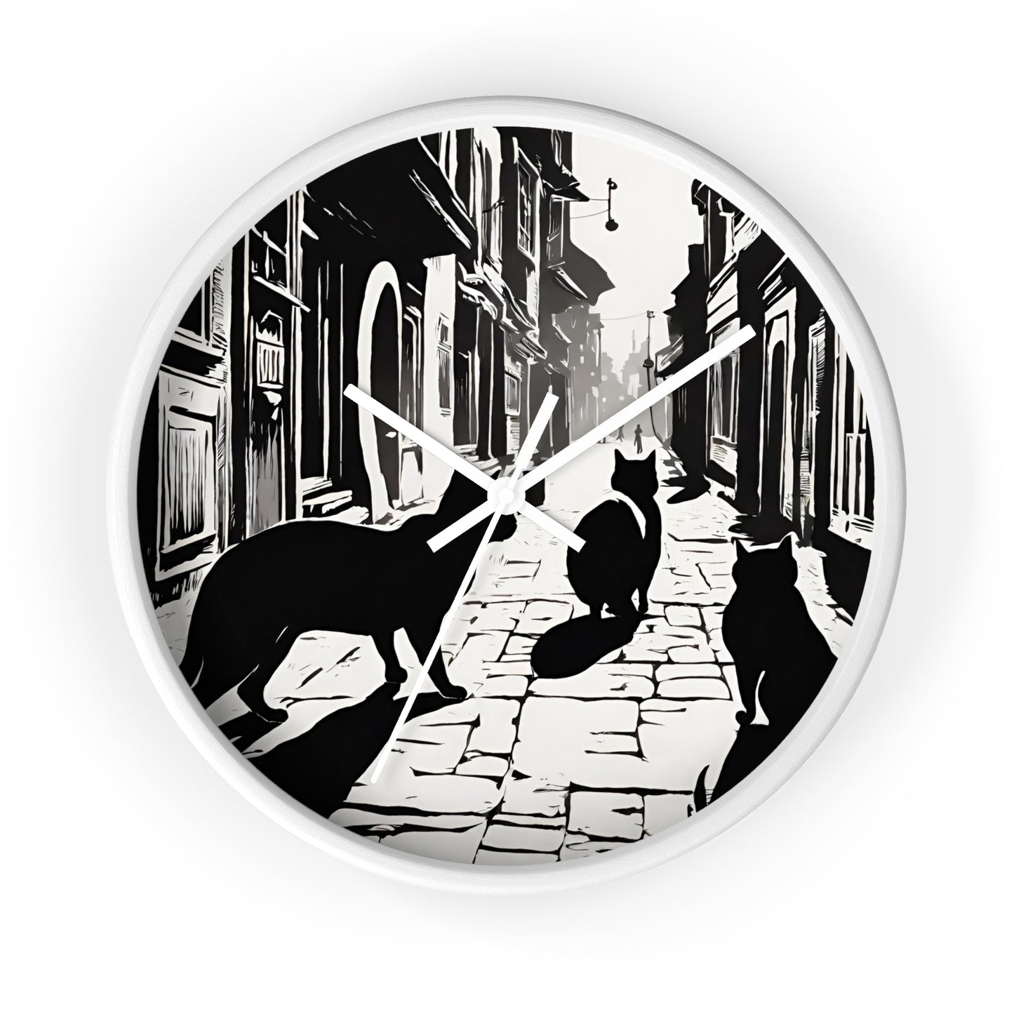Cat Wall Art Clock | Shadow Feline Figures Town Wall Hanging | Home Office Cat Lovers Gift