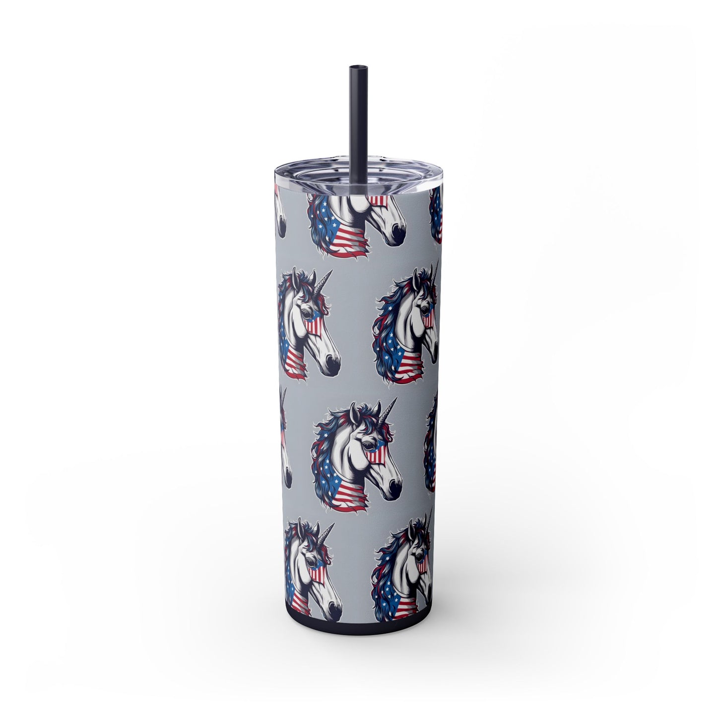 Patriotic American Unicorn Skinny Tumbler | United States Freedom Loving Horse Insulated Cup | US Flag Veteran Gift Patriot Drink Traveler
