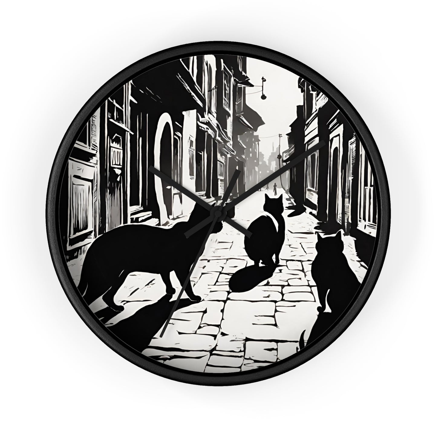 Cat Wall Art Clock | Shadow Feline Figures Town Wall Hanging | Home Office Cat Lovers Gift