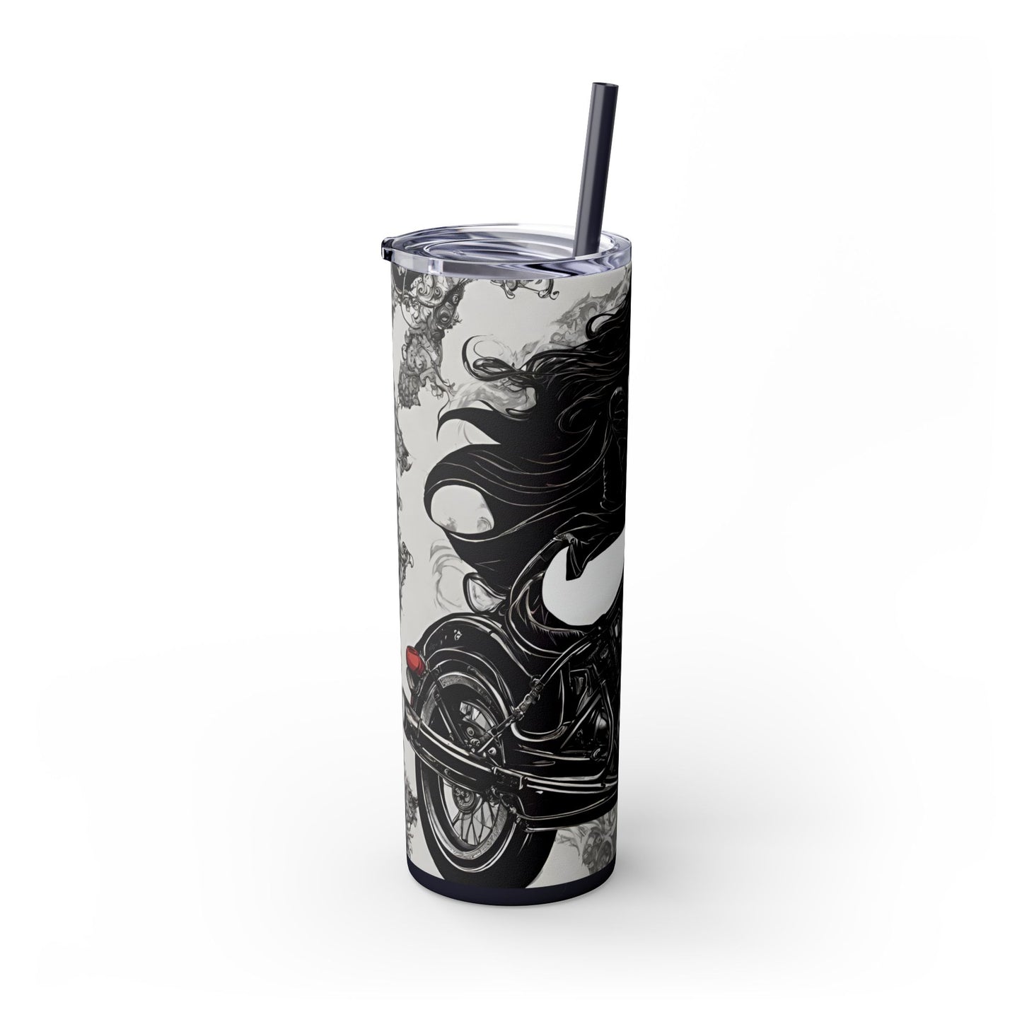 Gothic Beauty Biker Skinny Tumbler, Biker Babe Motorcycle Traveler, Leather Clad Hot or Cold Drinking Cup, Exercise Workout Beverage Holder