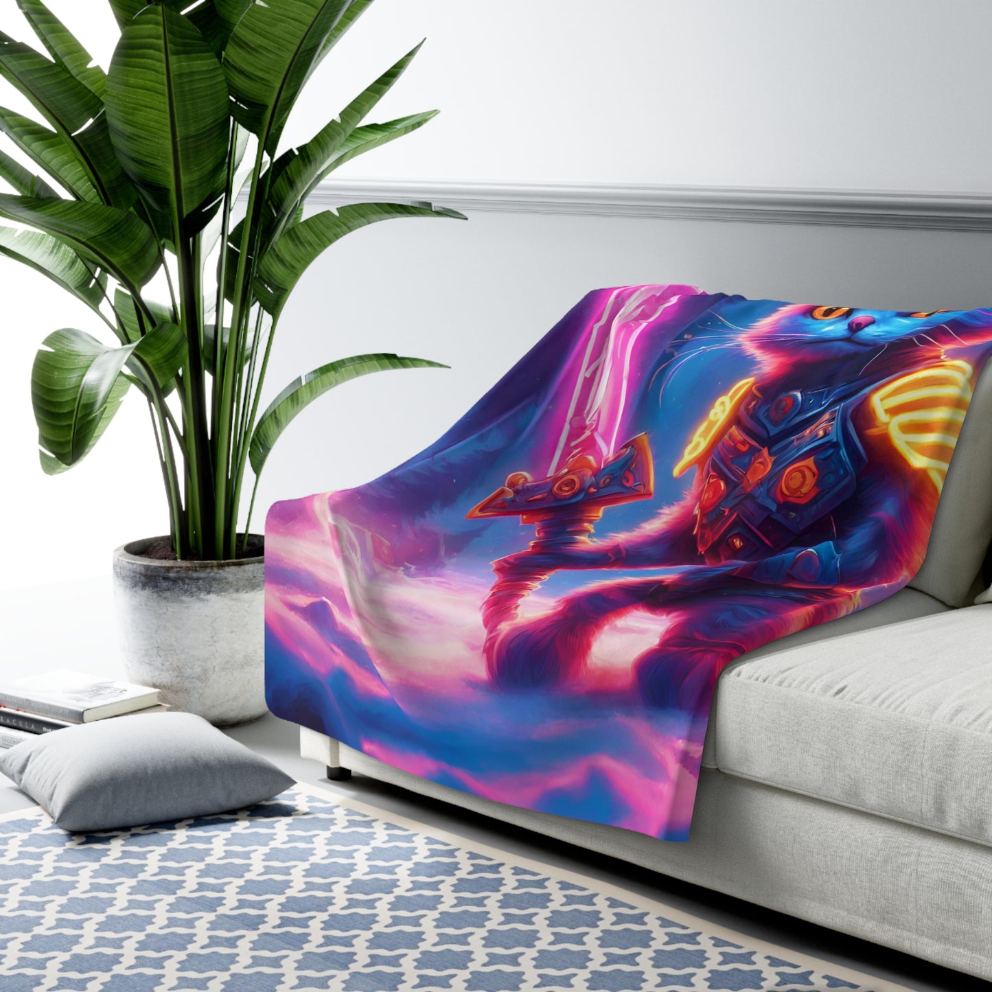 Warrior Cat Blanket, Glowing Kitten Plush Sherpa Blanket, Neon Sword Fleece, Armored Kitty Bed Cover, Winter Fantasy Couch Cover