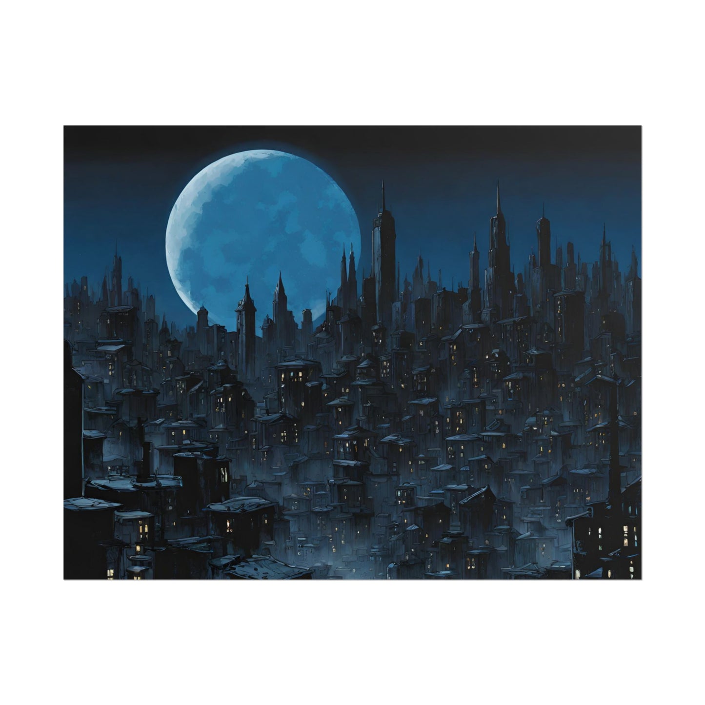 Wall Decor | Dark City Of The Night Poster | Blue Moon Darkness Falls Art | Gothic Lunar Moonlight Skyline | Living Room or Office Decor