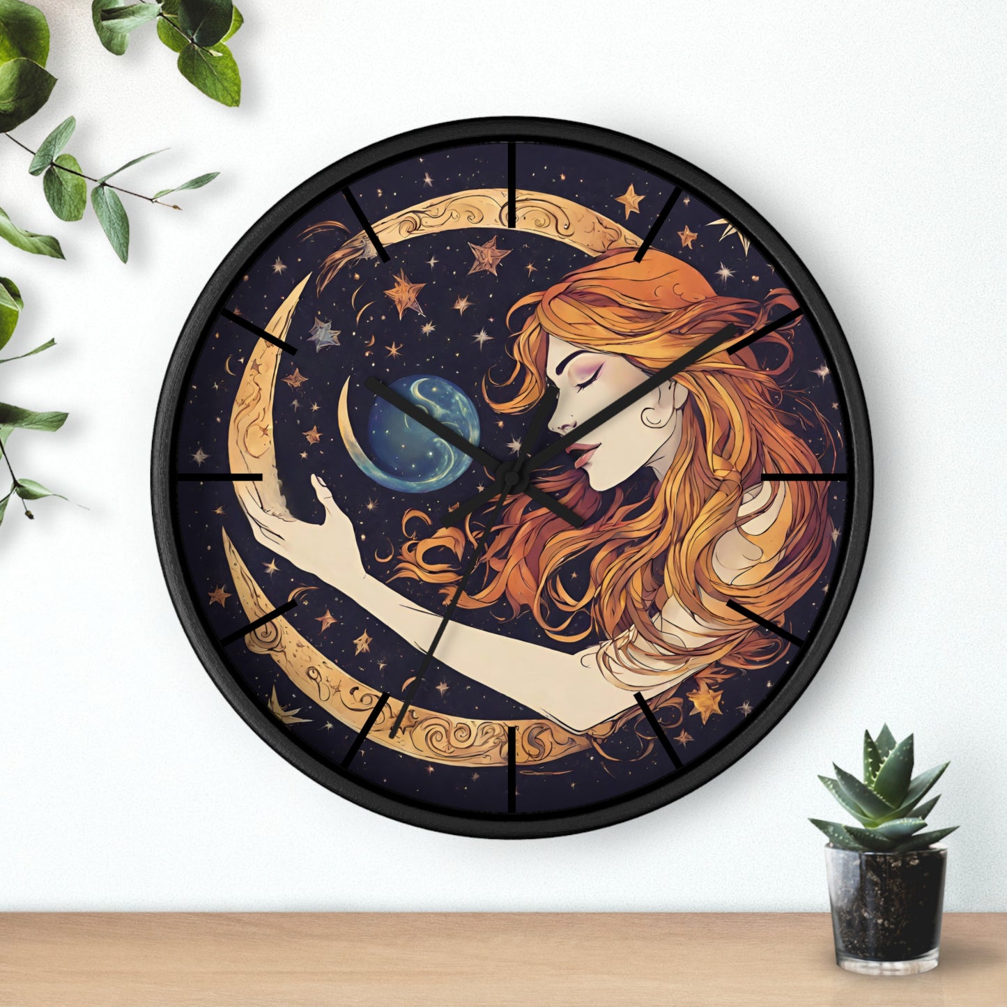 Moon Shaping Goddess Wall Art Clock | Lunar Stars & Space Astronomy Wall Hanging | Woman Morphing Home Office Solar System Wall Decor Gift