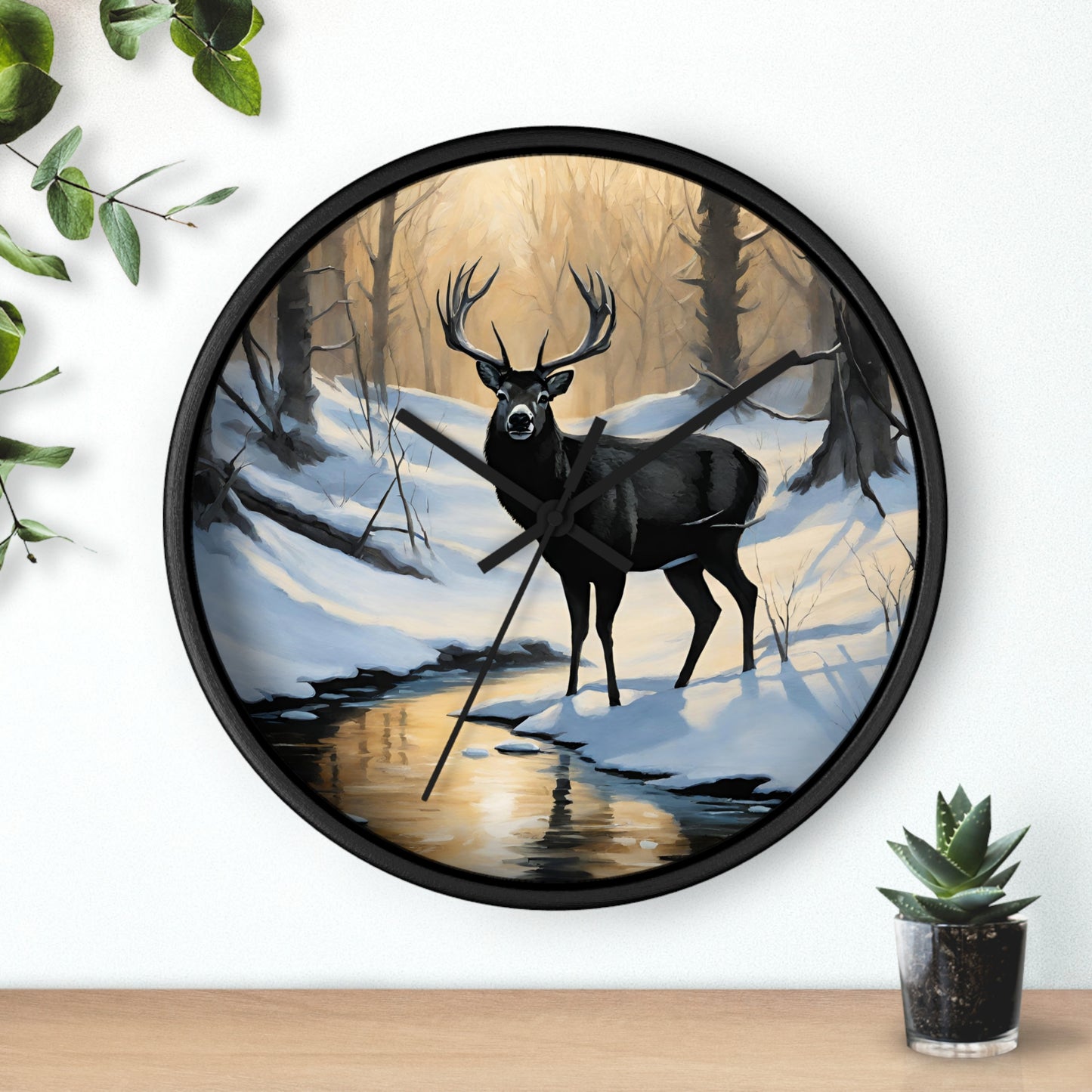 Big Buck Deer Wall Art Clock | Winter Nature Scene Snowy Creek Wall Hanging | Home Office Deer Hunter Lovers Gift