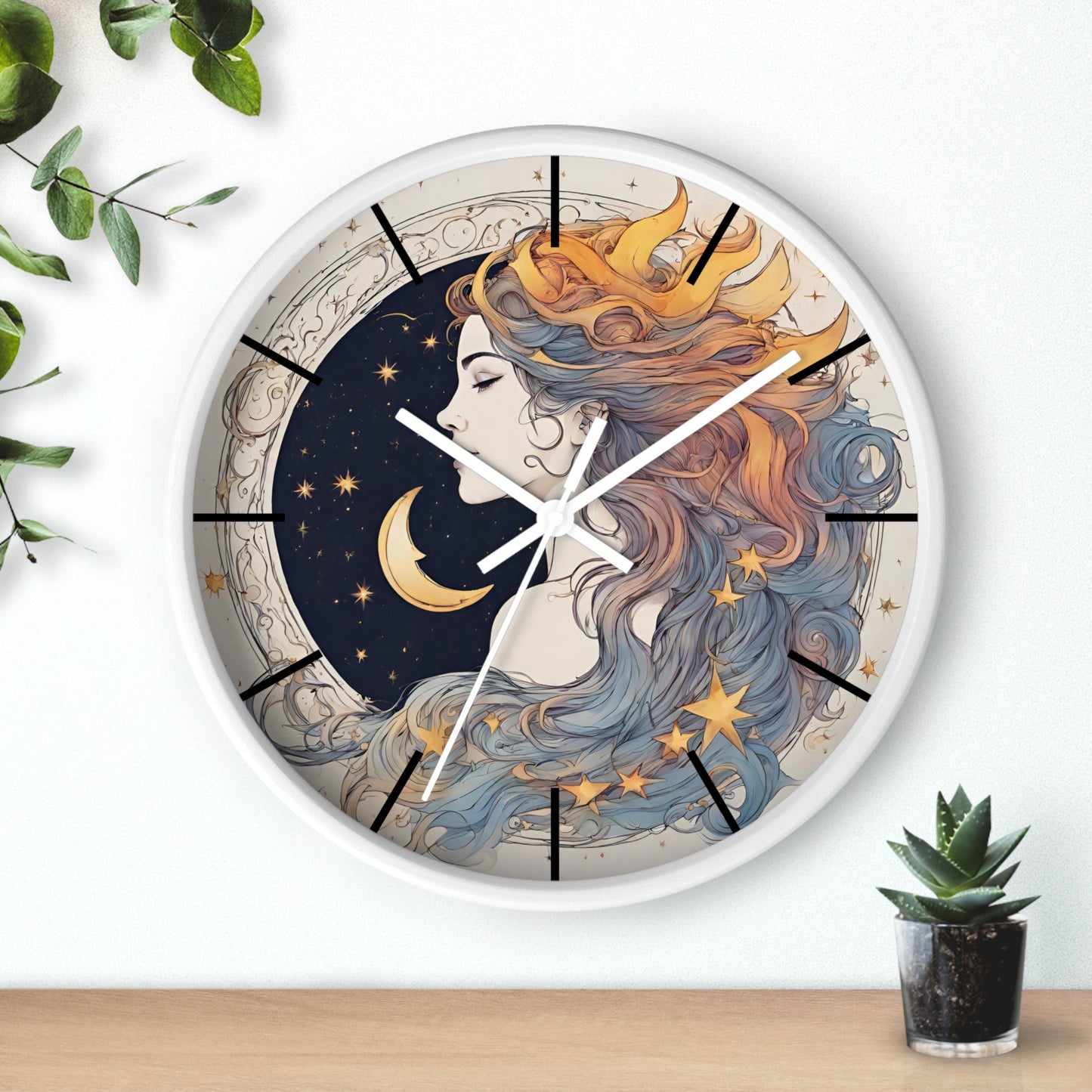 Moon Goddess Lined Wall Art Clock | Lunar Stars & Space Astronomy Wall Hanging | Woman of Time Home Office Solar System Wall Decor Gift