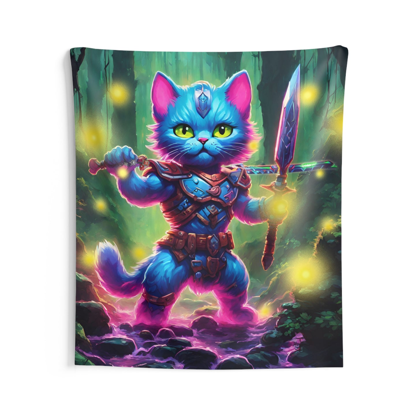 Warrior Cat Firefly Art Tapestry, Blue Armored Kitten Glowing Forest Wall Hanging, Pink Glowing Stone Creek Mystical Bed & Game Room Gift