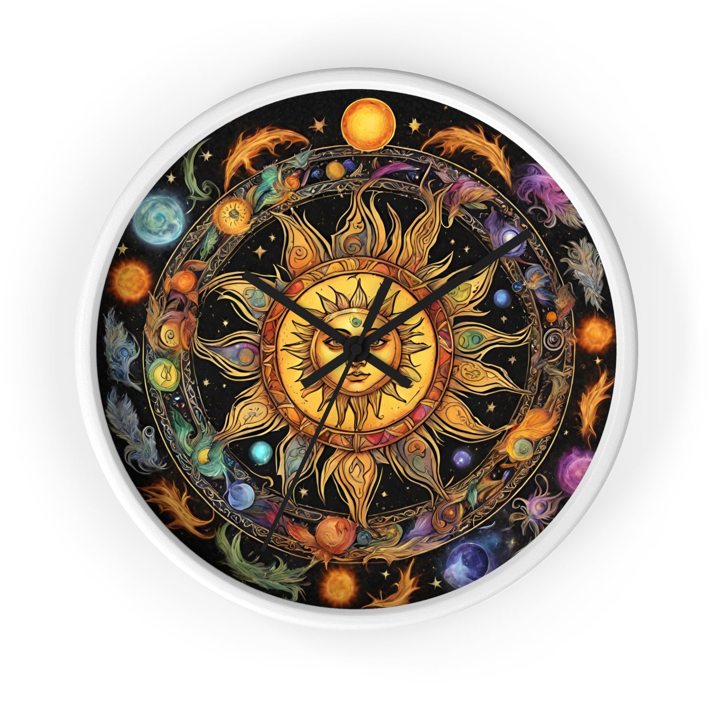 Sun Collage Wall Art Clock | Celestial Solstice Astronomy Wiccan Hanging | Comet Constellations Home Office Solar System Pagan Decor Gift