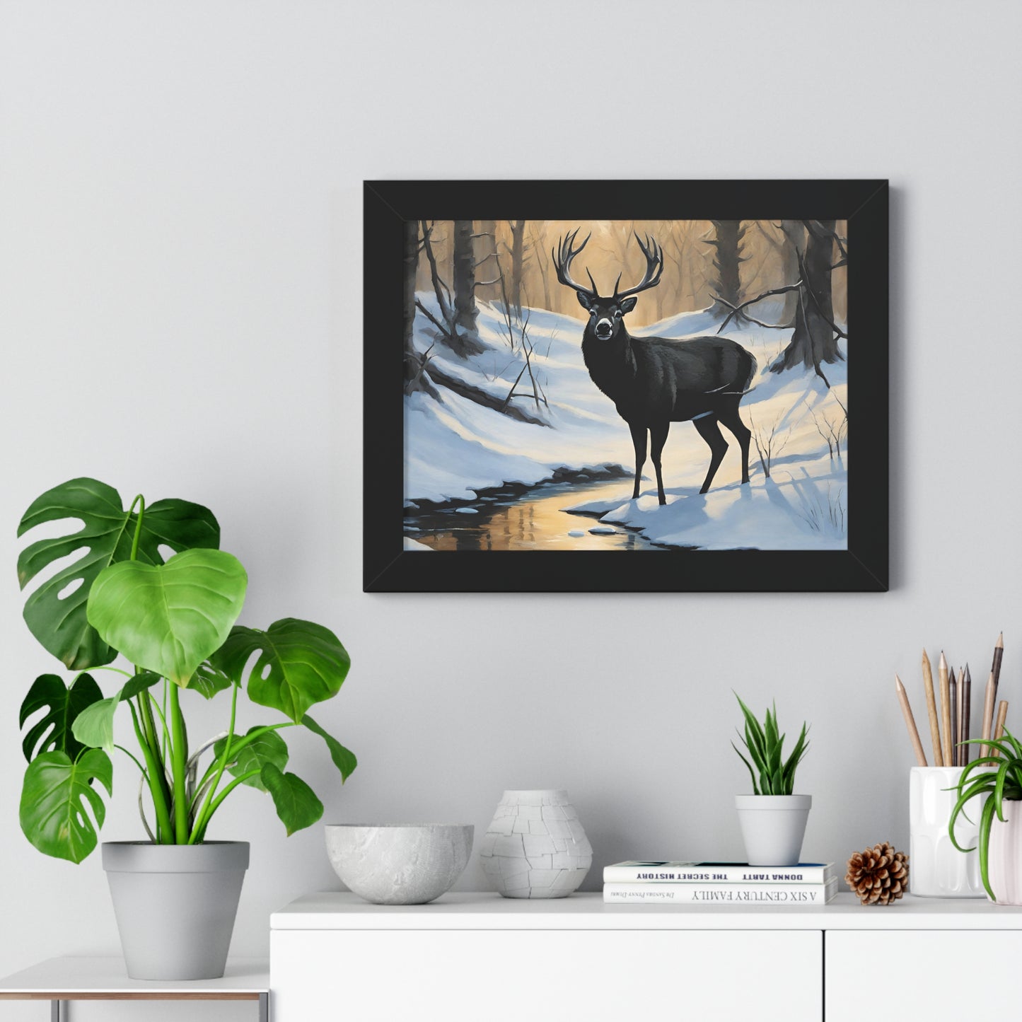 Animal Wall Art, Deer Hunter Picture, Big Buck Print, Woods, Creek, Shadow Wall Hanging, Sunset Snow Image, Living Room Poster, Framed Art