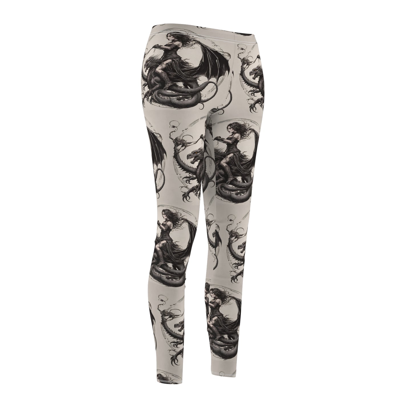 Women's Goth Medieval Dragon Casual Leggings, Reptile Riding Beauty Elastic Bottoms, Tight Black and Beige Pants