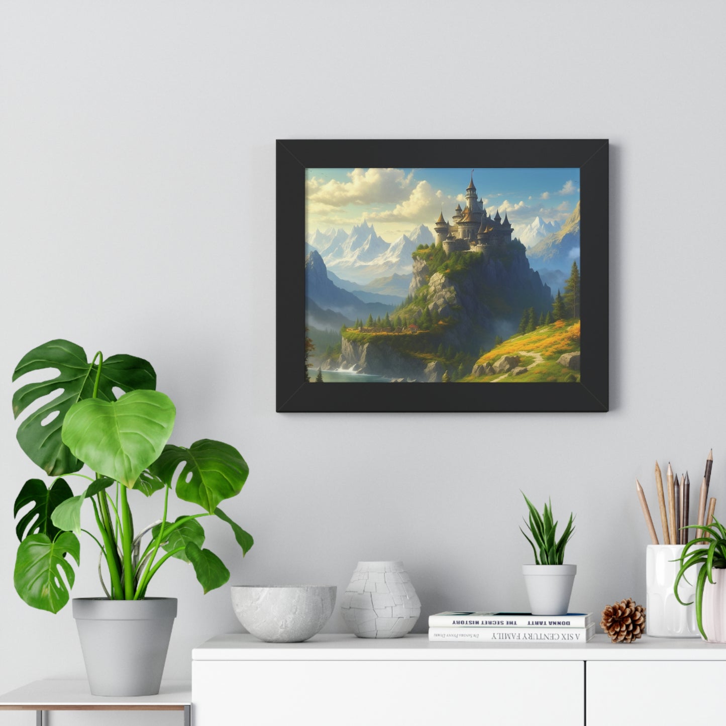 Video Game Fantasy Castle, RPG Valley Framed Poster, Mountain Nature Scene Picture, Open World Style Wall Hanging, Gamer Office Scenery
