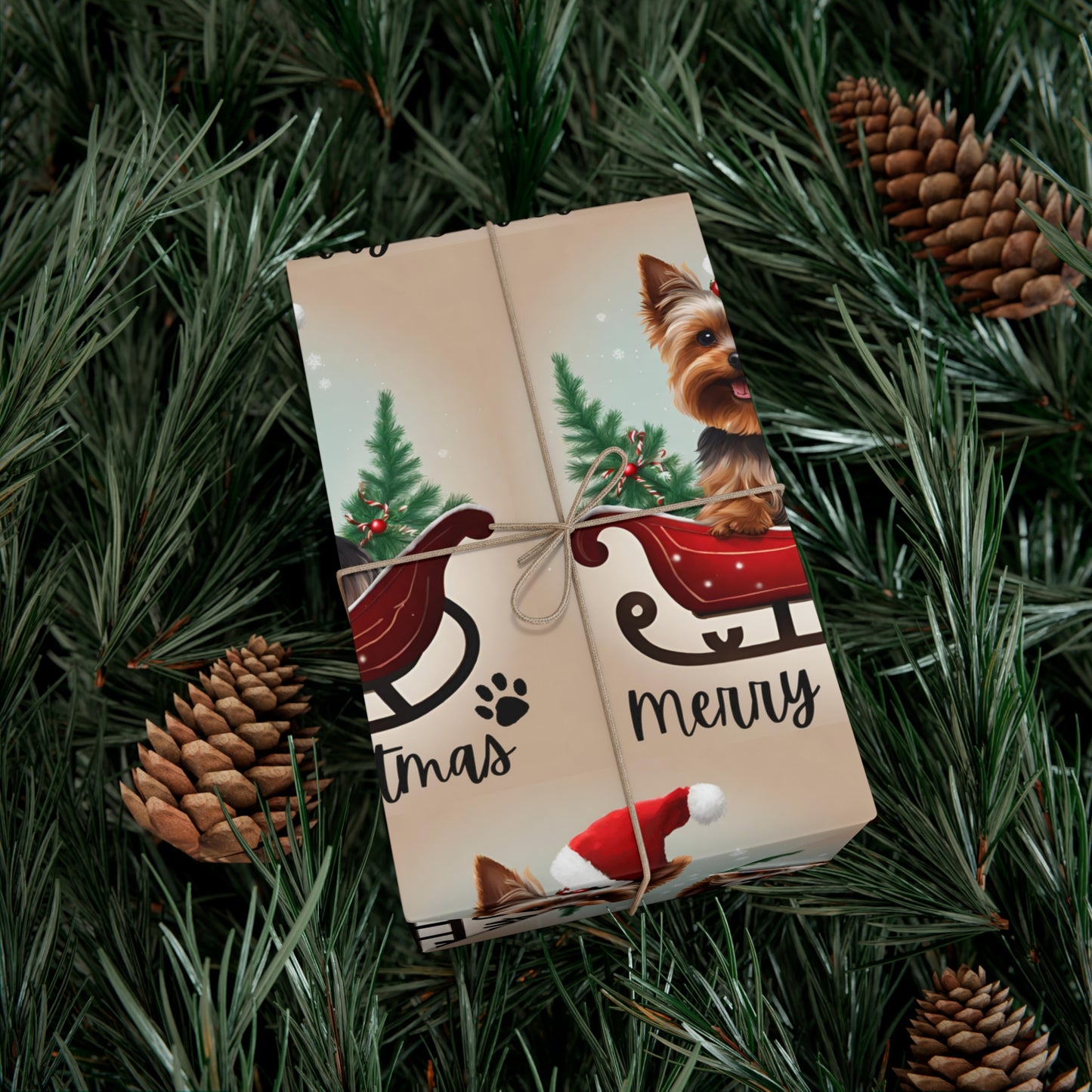 Dog Christmas Wrapping Paper, Yorkshire Terrier Sled Xmas Wrap, Santa Hat Yorkie Gift Wrap, Holiday Gift Wrap Roll