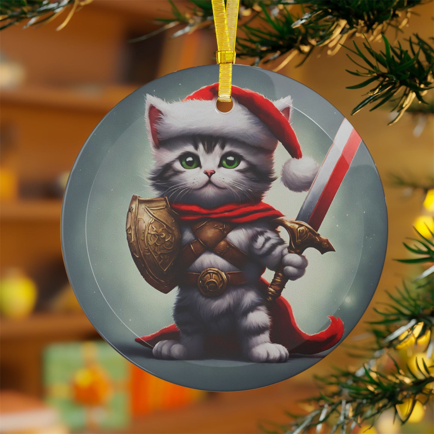 Kitten Christmas Ornament, Holiday Tree Decoration, Adorable Cat Gift, Round Glass Keepsake, KITTEN WARRIOR