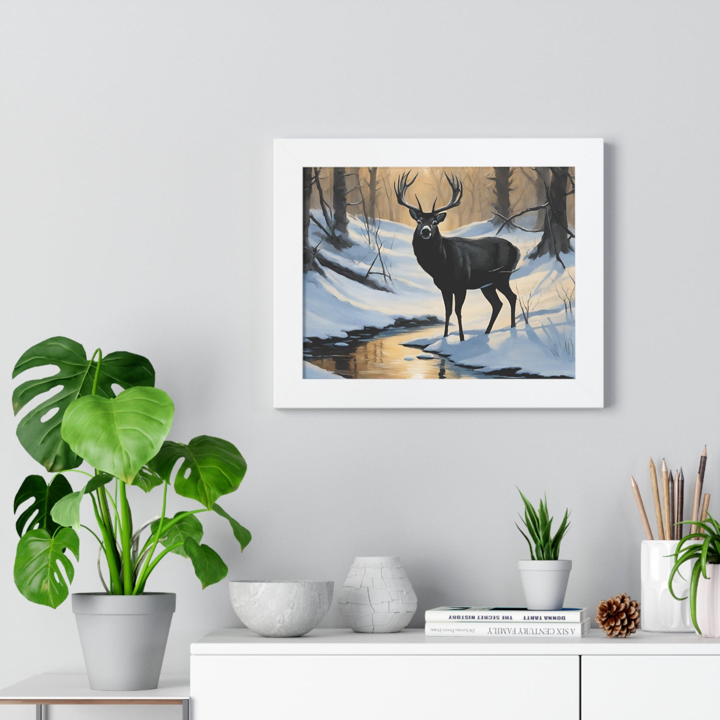 Animal Wall Art, Deer Hunter Picture, Big Buck Print, Woods, Creek, Shadow Wall Hanging, Sunset Snow Image, Living Room Poster, Framed Art