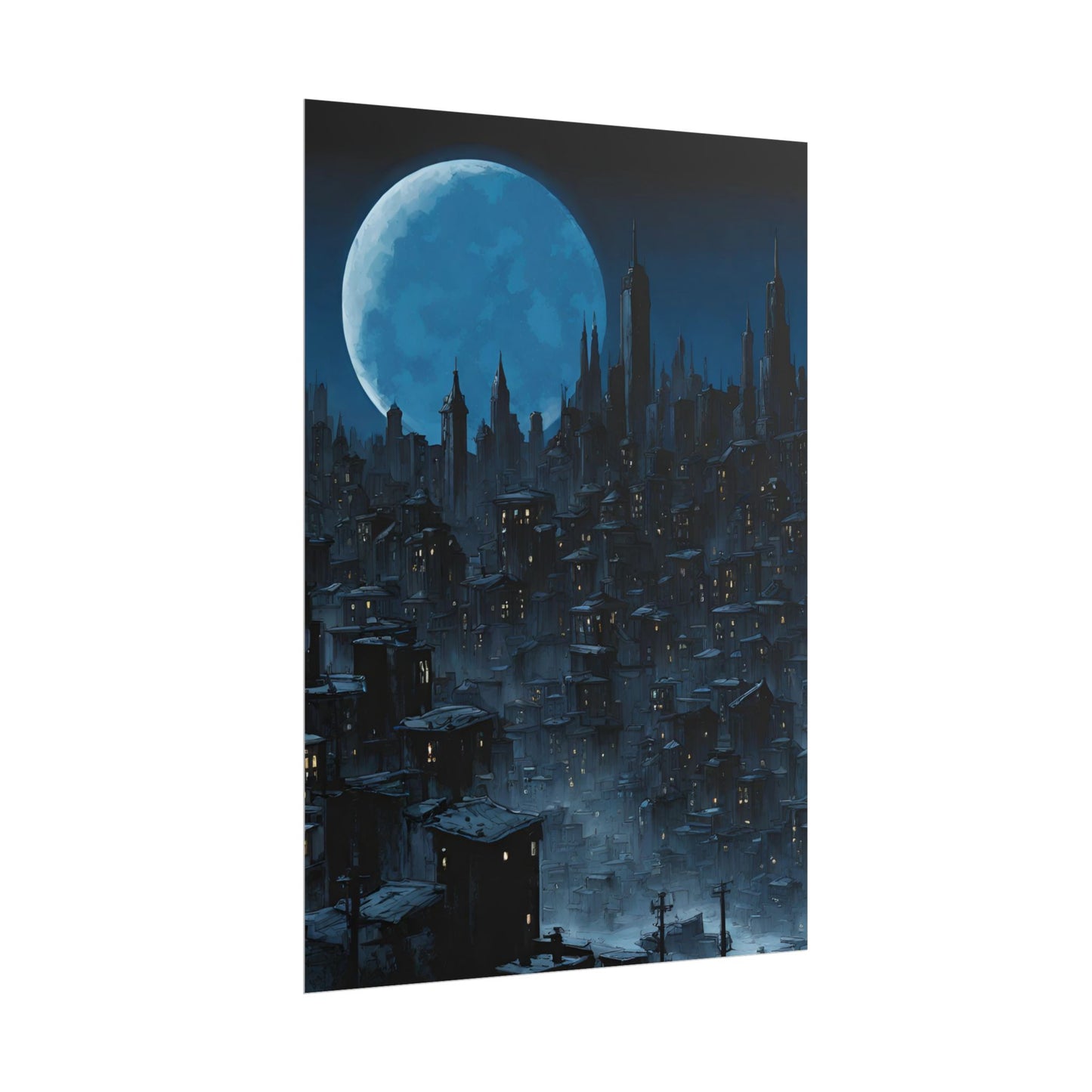 Wall Decor | Dark City Of The Night Poster | Blue Moon Darkness Falls Art | Gothic Lunar Moonlight Skyline | Living Room or Office Decor