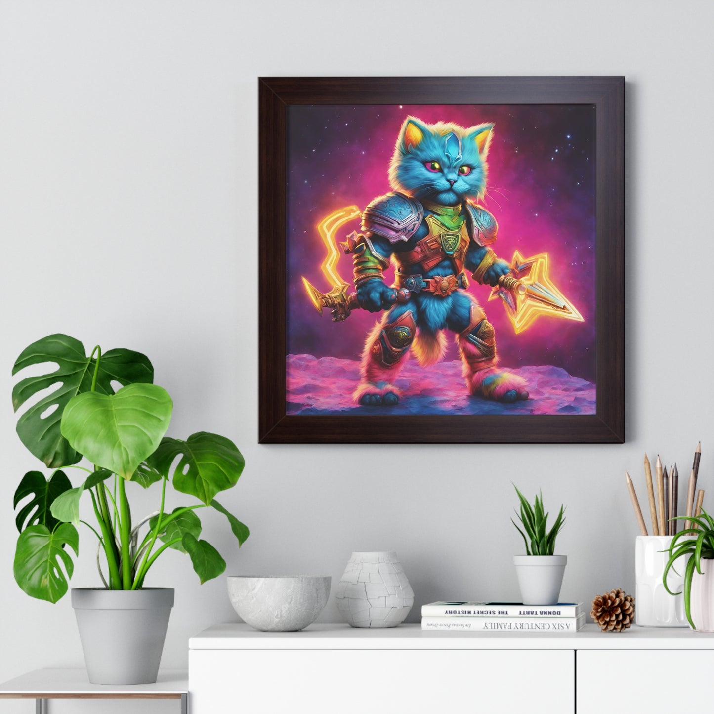 Wall Decor | Warrior Cat Framed Poster | Cosmic Rainbow Neon Weapon Armor Kitten | Bedroom, Work or Home Office Wall Art Picture | Kid Gift