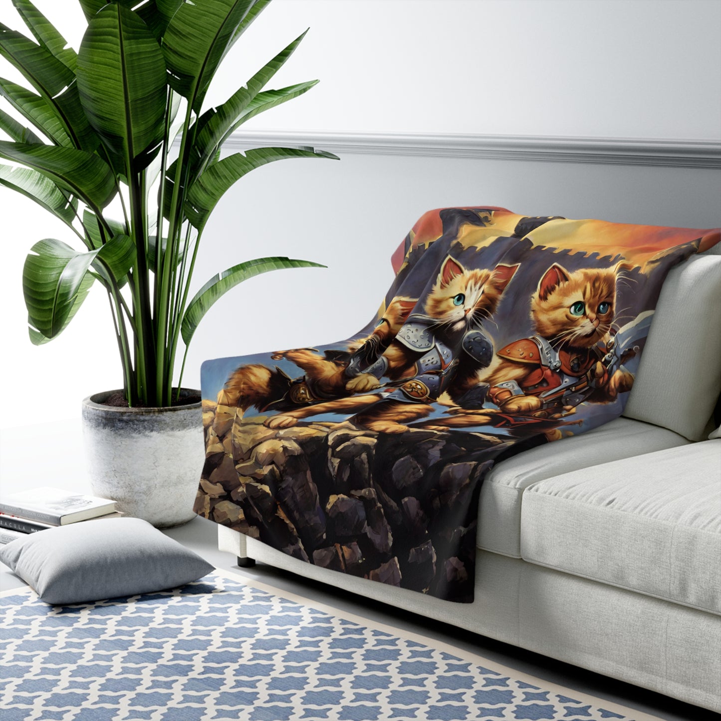 Warrior Cat Blanket, Castle Kitten Plush Sherpa Blanket, Battle Sword Fleece, Armored Kitty Bed Cover, Fantasy Couch Cover