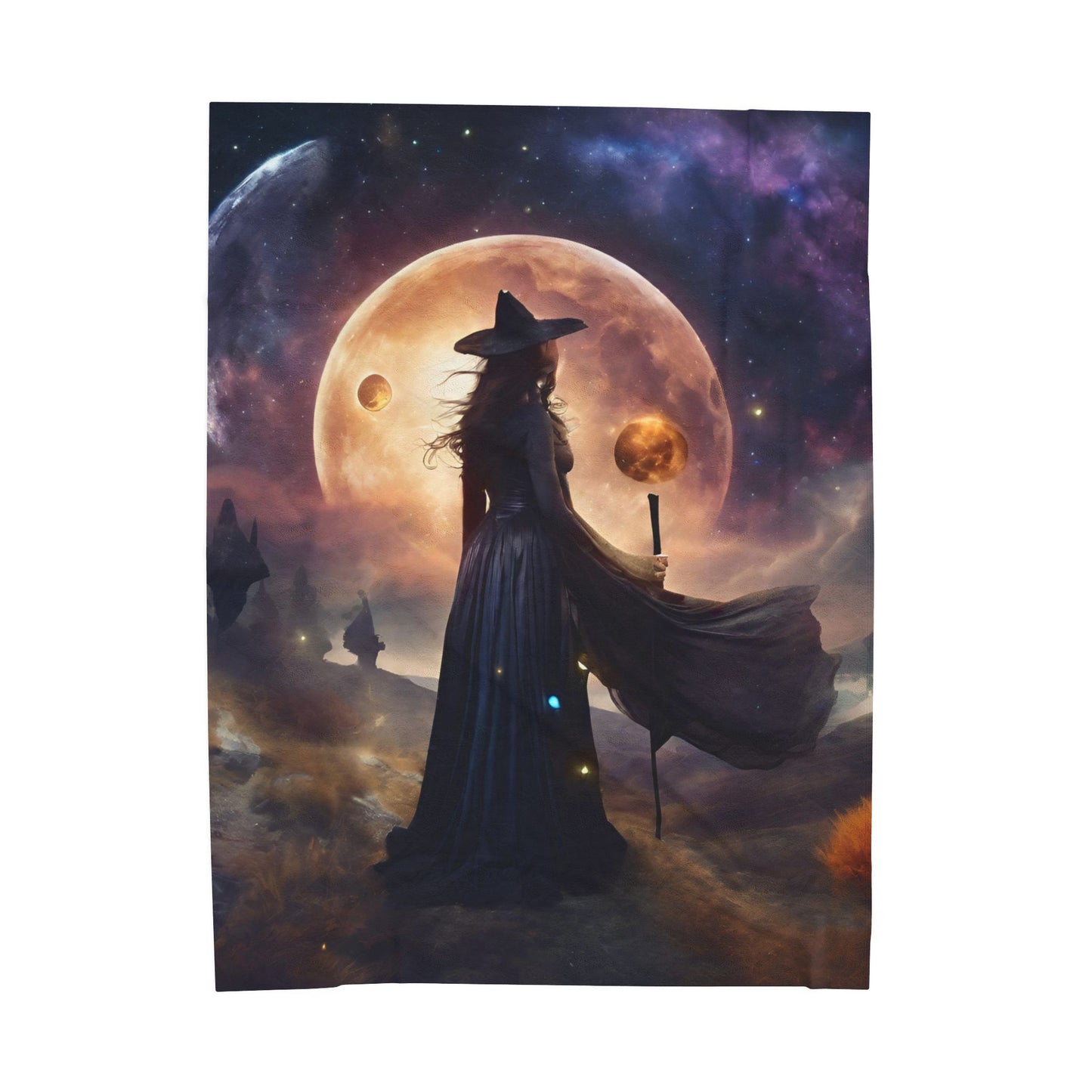 Witch of the Moons Wiccan Blanket, Time & Space Lunar Fantasy Galaxy Couch Throw Snuggle Sheet, Mystical Witchcraft Spell Bedroom Blanket