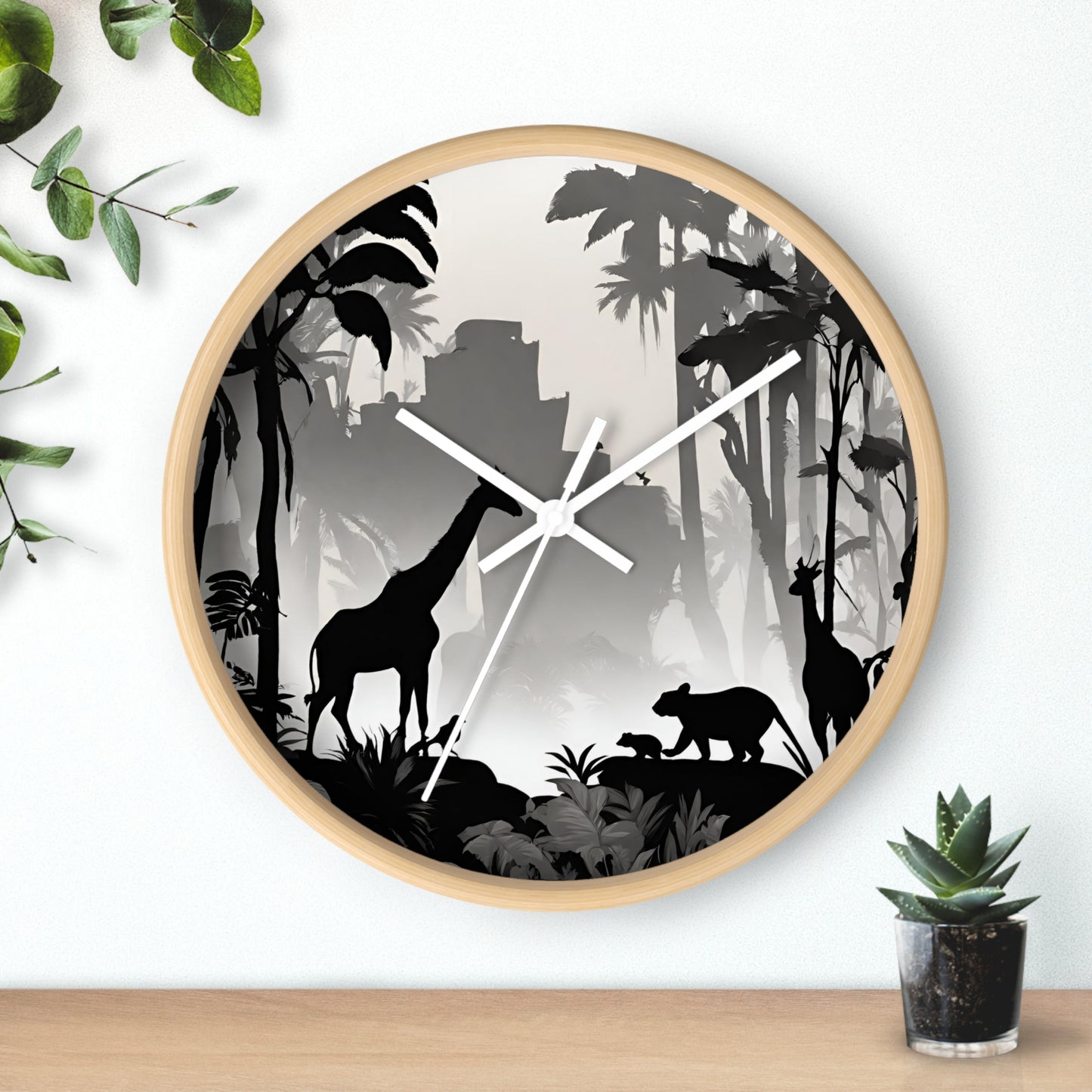 Jungle Giraffes Wall Art Clock | Shadowy Wild Nature Wall Hanging | Home Office Animal Wall Decor Gift