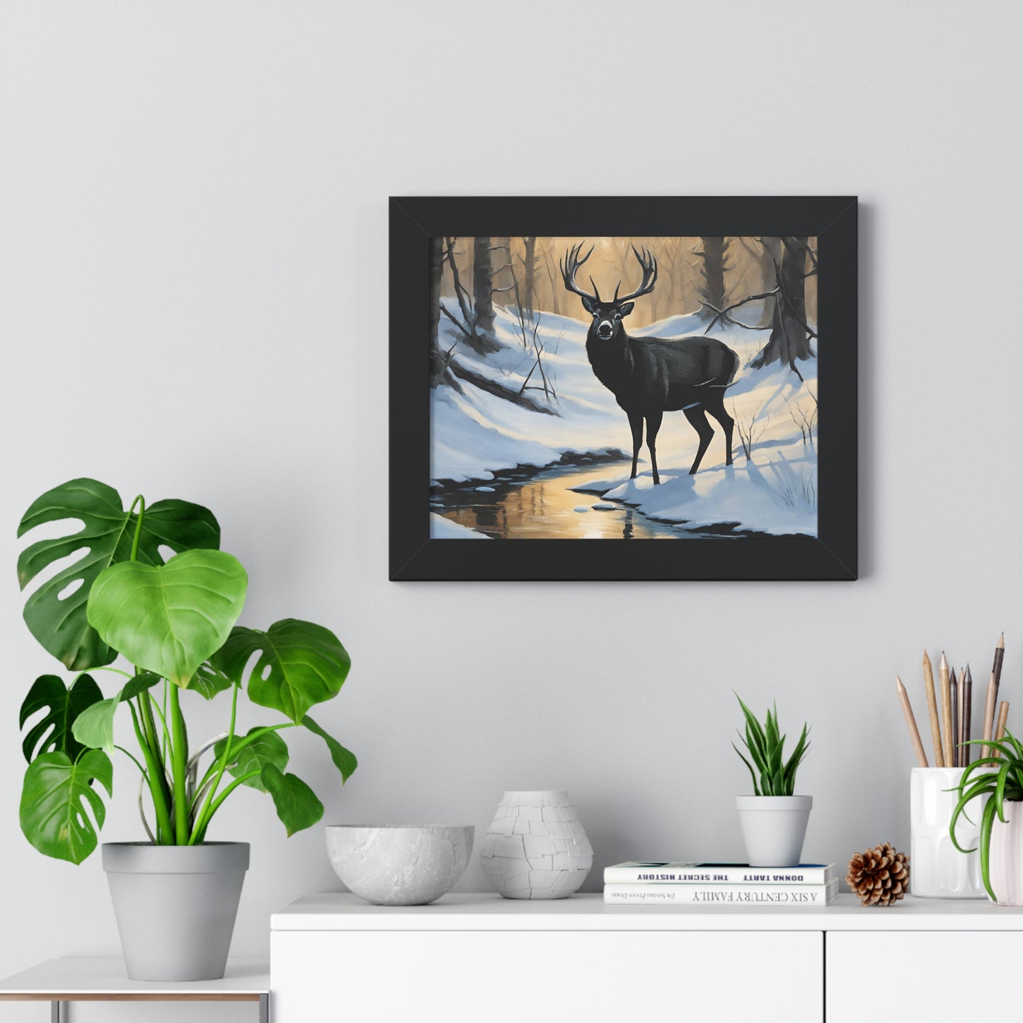 Animal Wall Art, Deer Hunter Picture, Big Buck Print, Woods, Creek, Shadow Wall Hanging, Sunset Snow Image, Living Room Poster, Framed Art