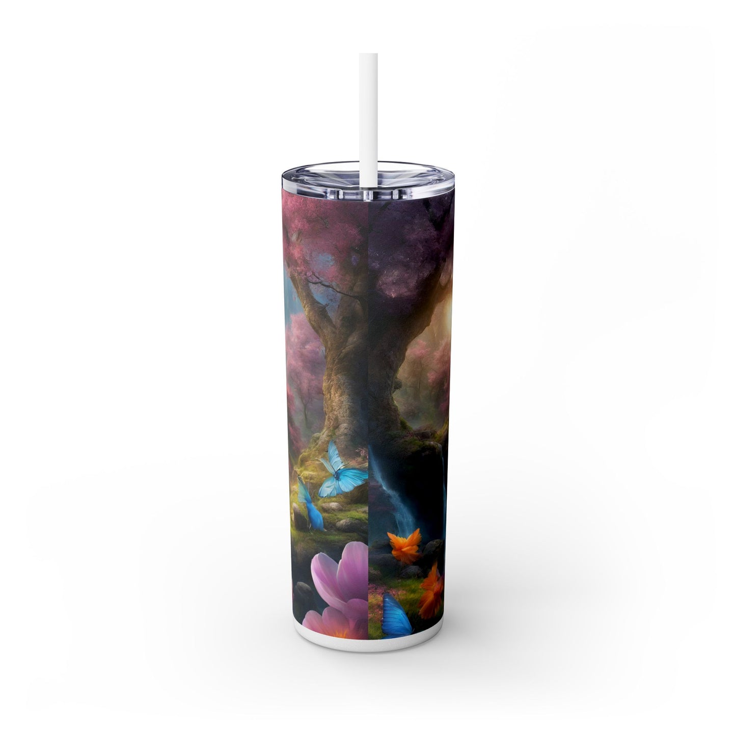 Majestic Dream Fantasy Drinking Tumbler, Flower Blossom Butterflies Castle Cup, Womens Gift Hot Cold Traveler, Exercise Workout Companion