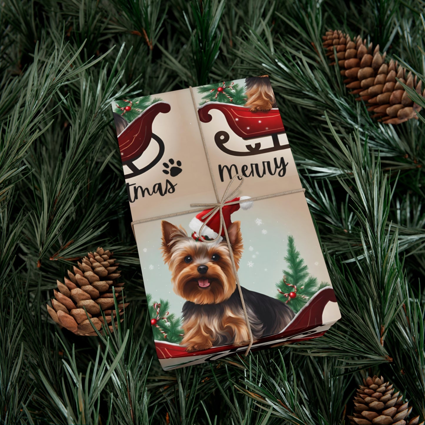 Dog Christmas Wrapping Paper, Yorkshire Terrier Sled Xmas Wrap, Santa Hat Yorkie Gift Wrap, Holiday Gift Wrap Roll