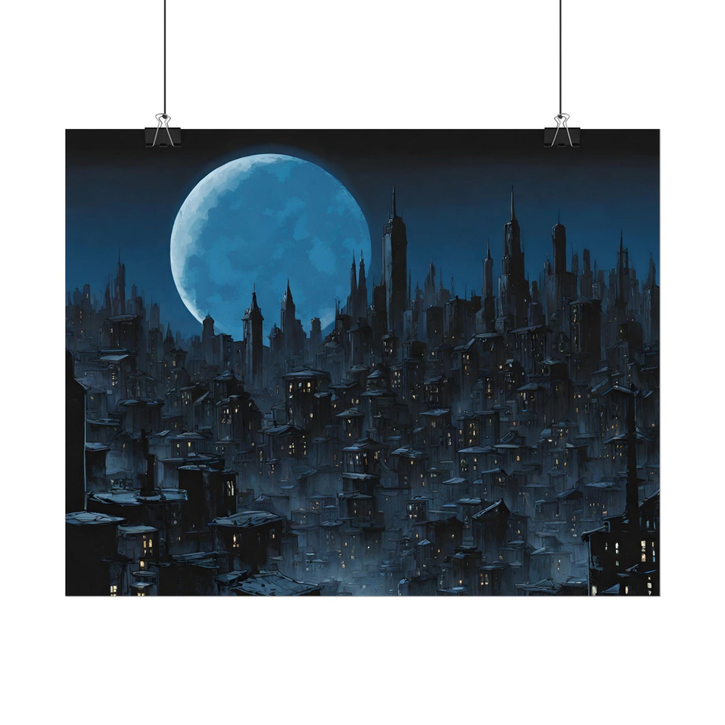 Wall Decor | Dark City Of The Night Poster | Blue Moon Darkness Falls Art | Gothic Lunar Moonlight Skyline | Living Room or Office Decor