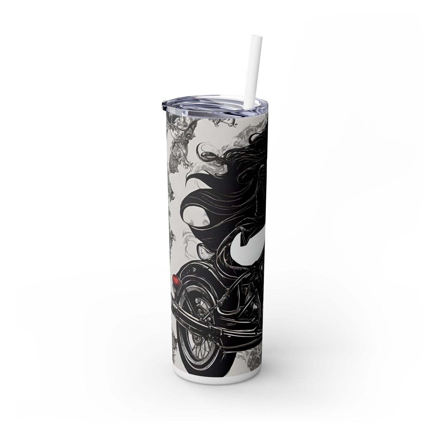 Gothic Beauty Biker Skinny Tumbler, Biker Babe Motorcycle Traveler, Leather Clad Hot or Cold Drinking Cup, Exercise Workout Beverage Holder